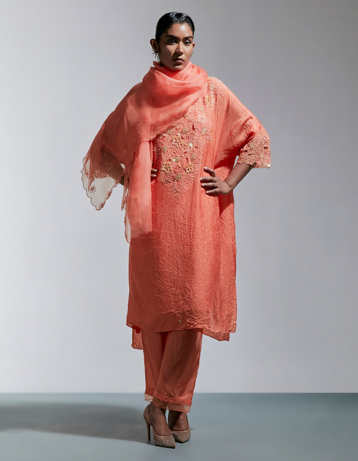 Vermillion Organza Dupatta With Floral Thread Work