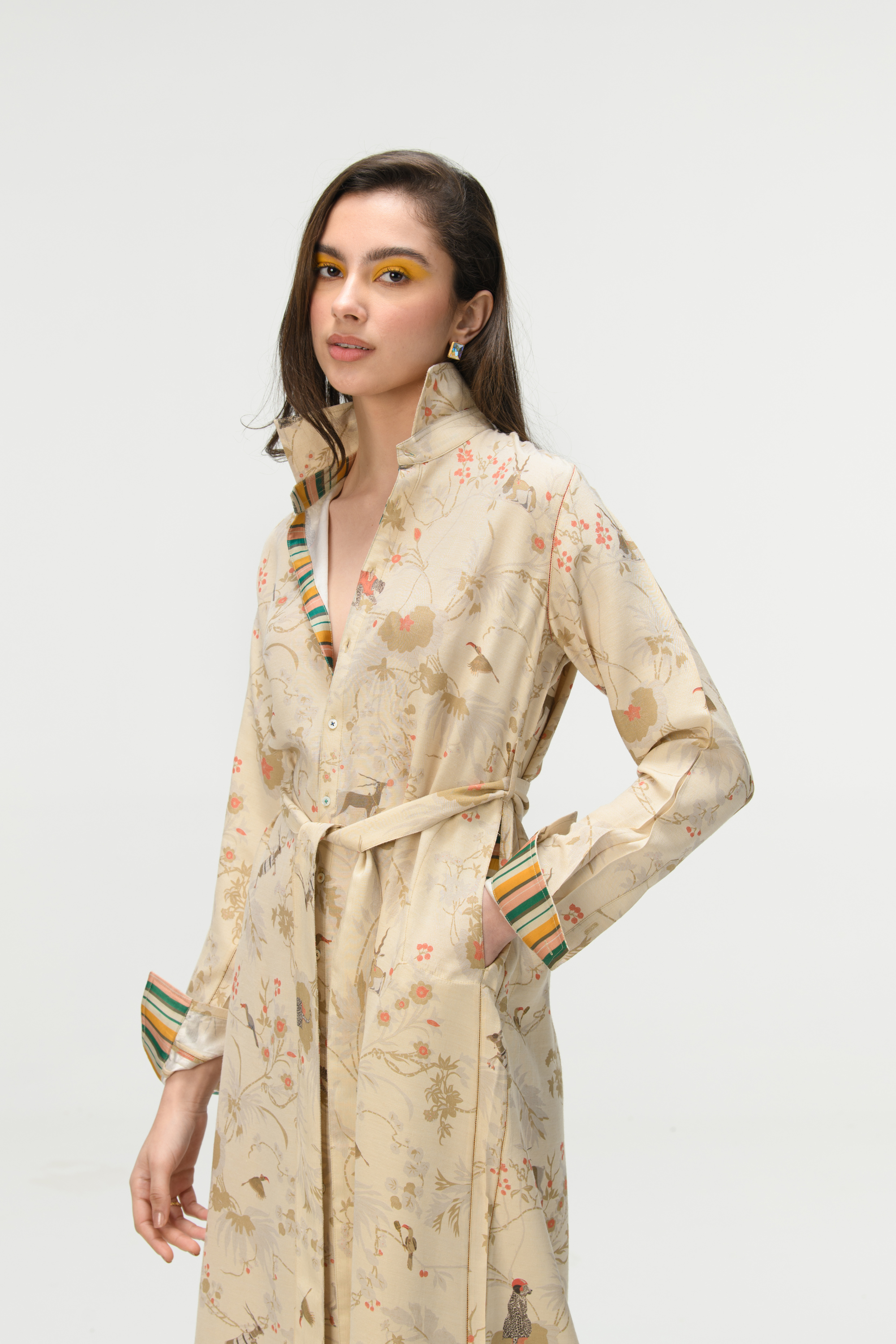 Rainforest Tie Belt Shirt Dress Ivory Muga Satin Silk