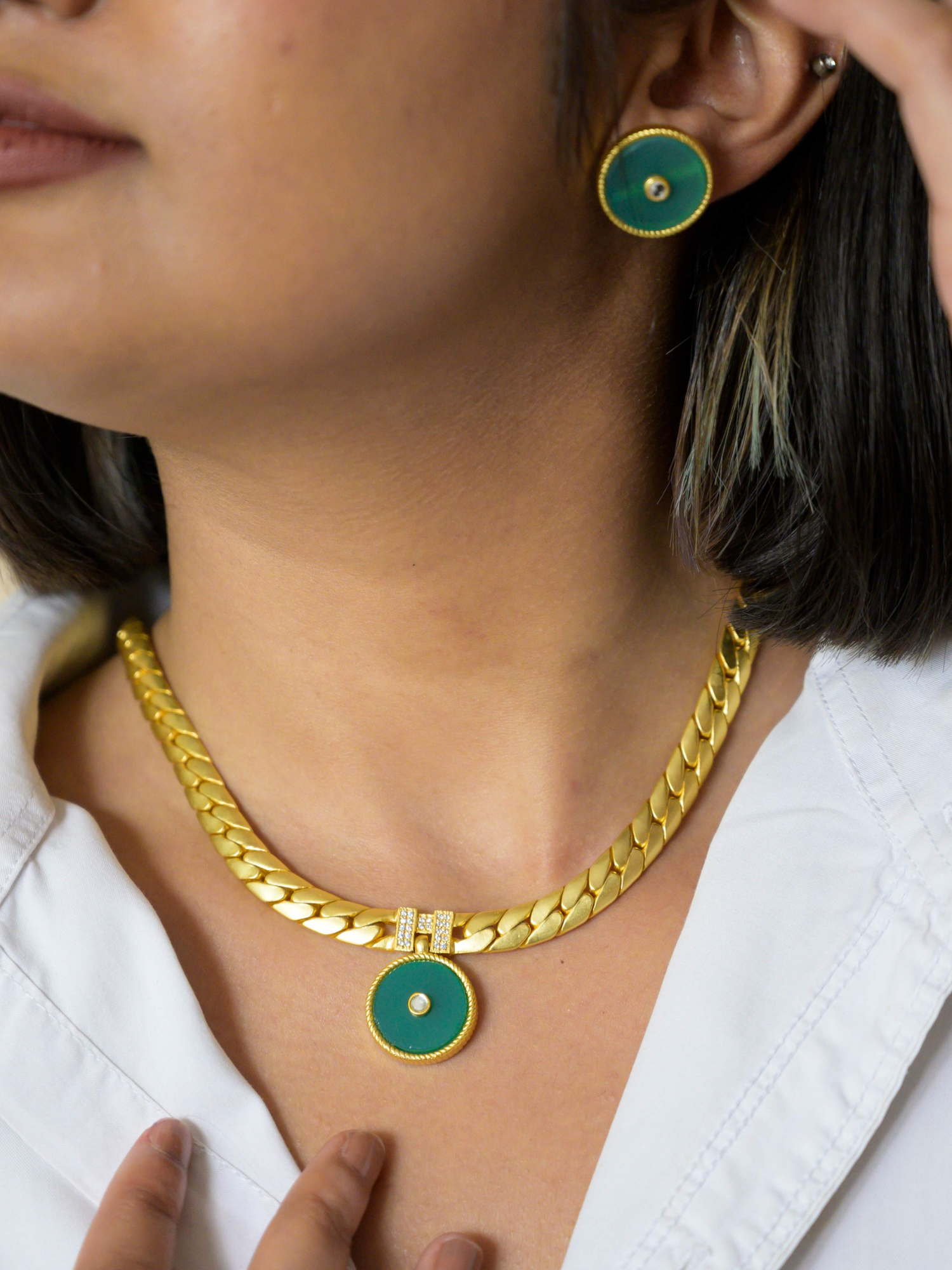 Modern Begum Green Onyx Link Necklace