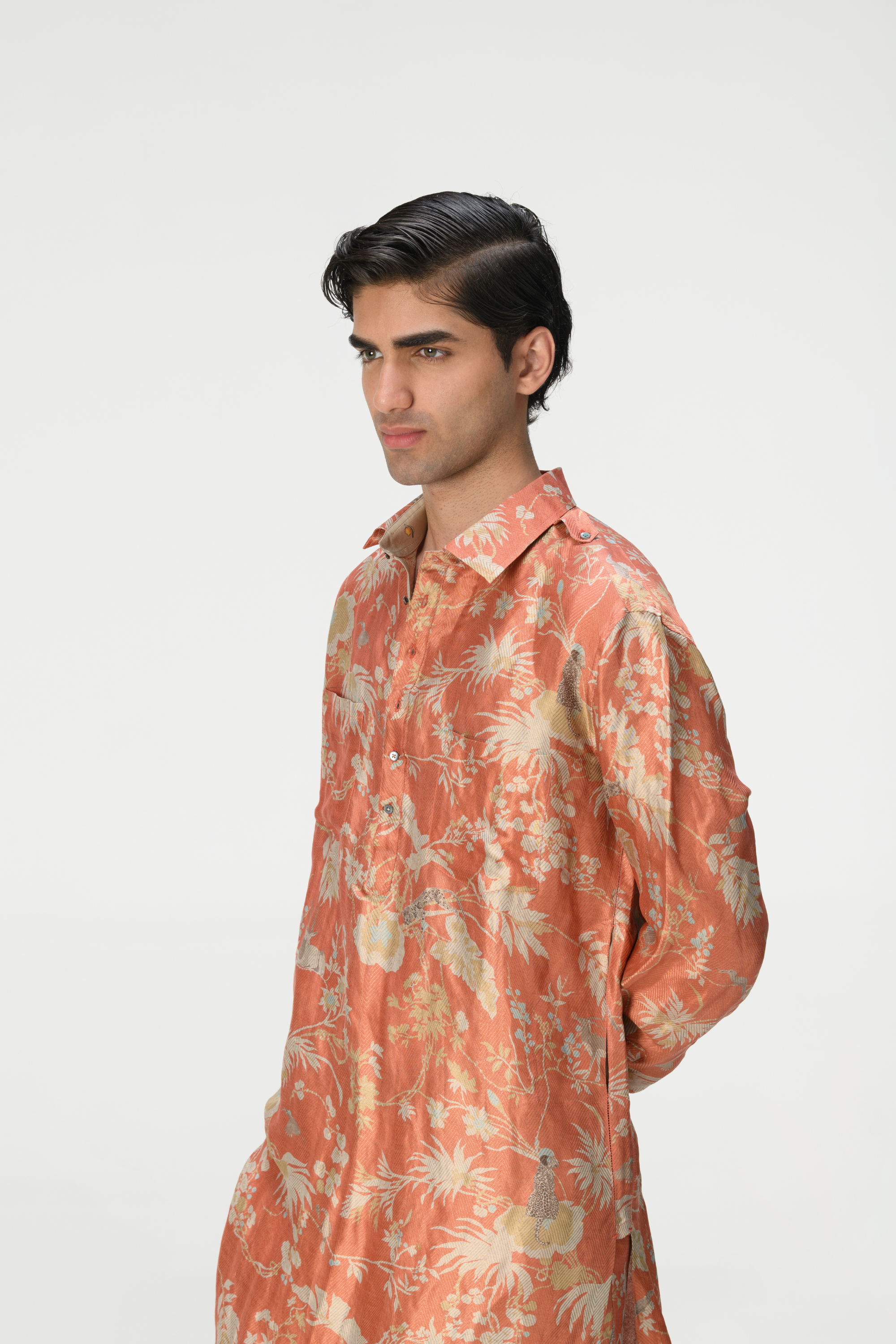 Rainforest Bullet Kurta Coral Zig Zag Silk Brocade