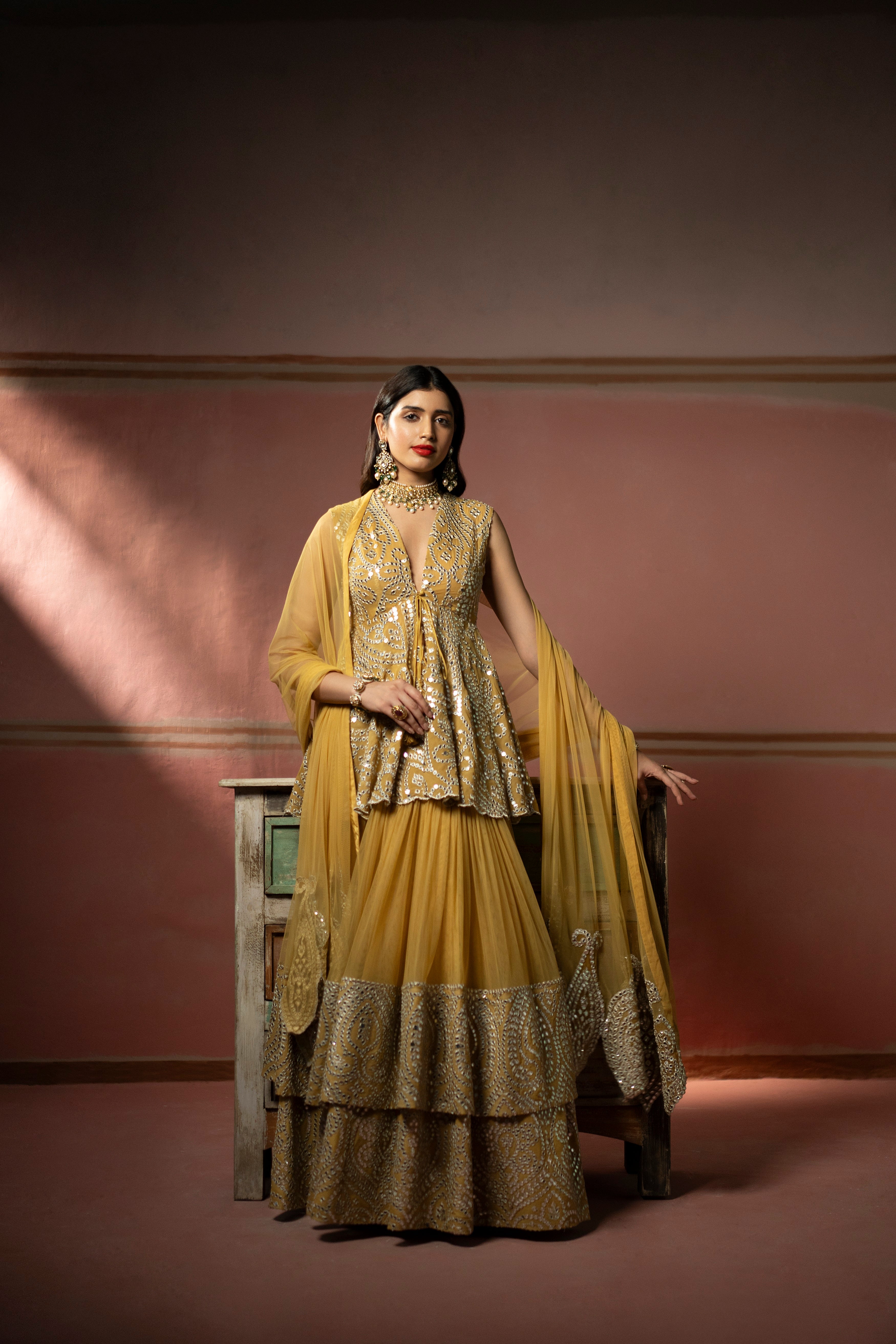 Golden Yellow Net Mirrorwork Dupatta