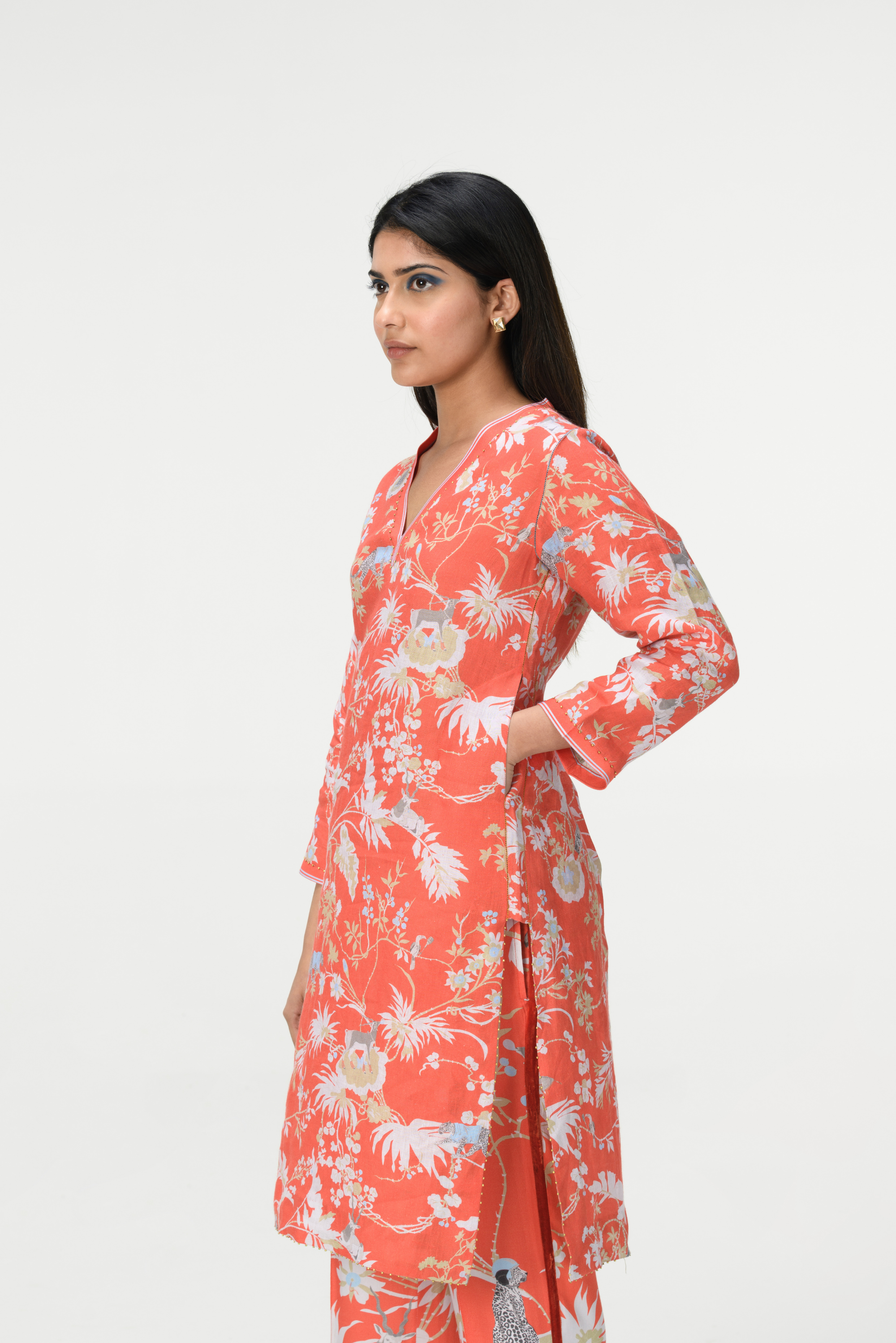 Rainforest V Neck Kurta Coral Linen