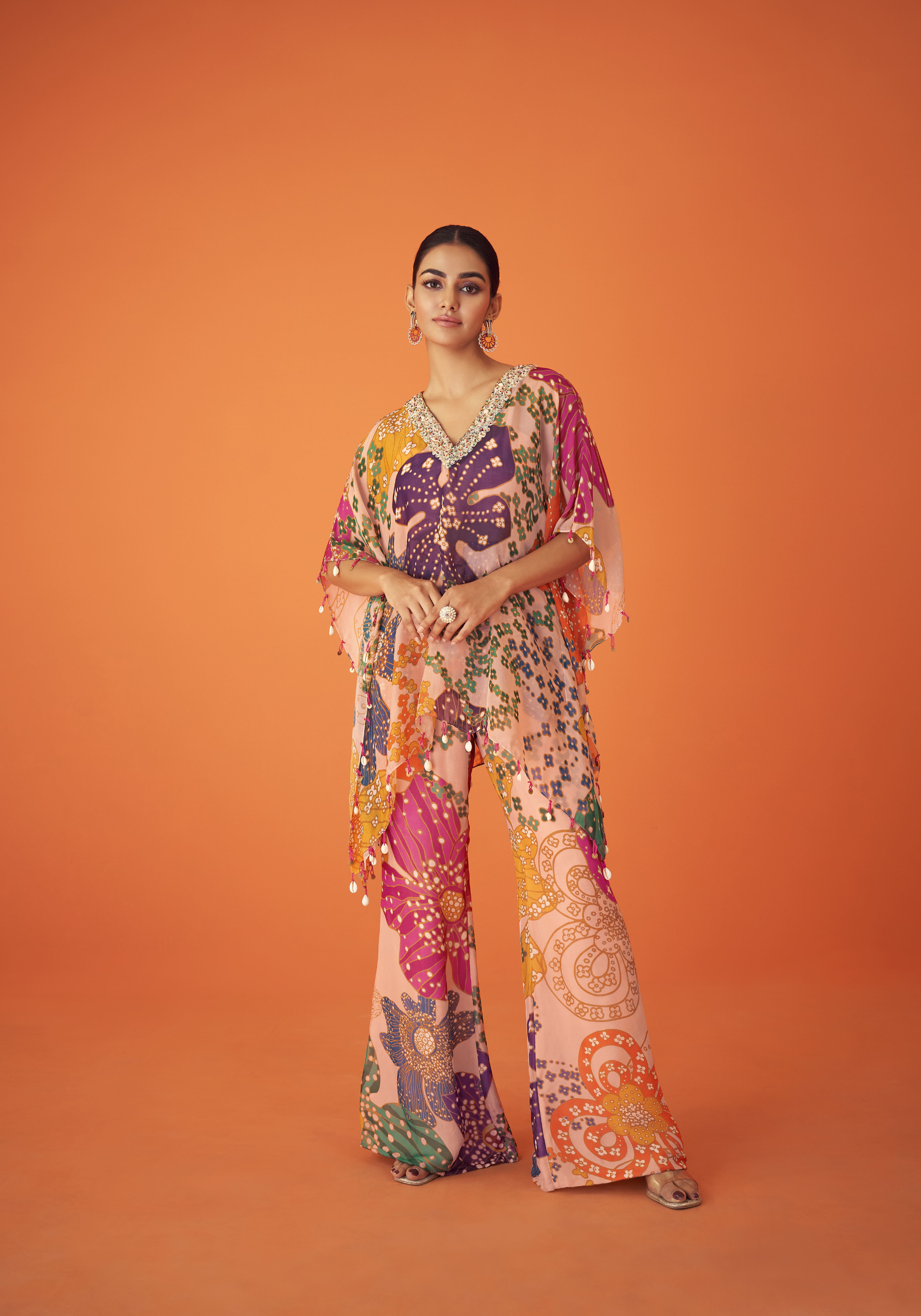 Peach Printed Organza V-Neck Embellished Kaftaan Set