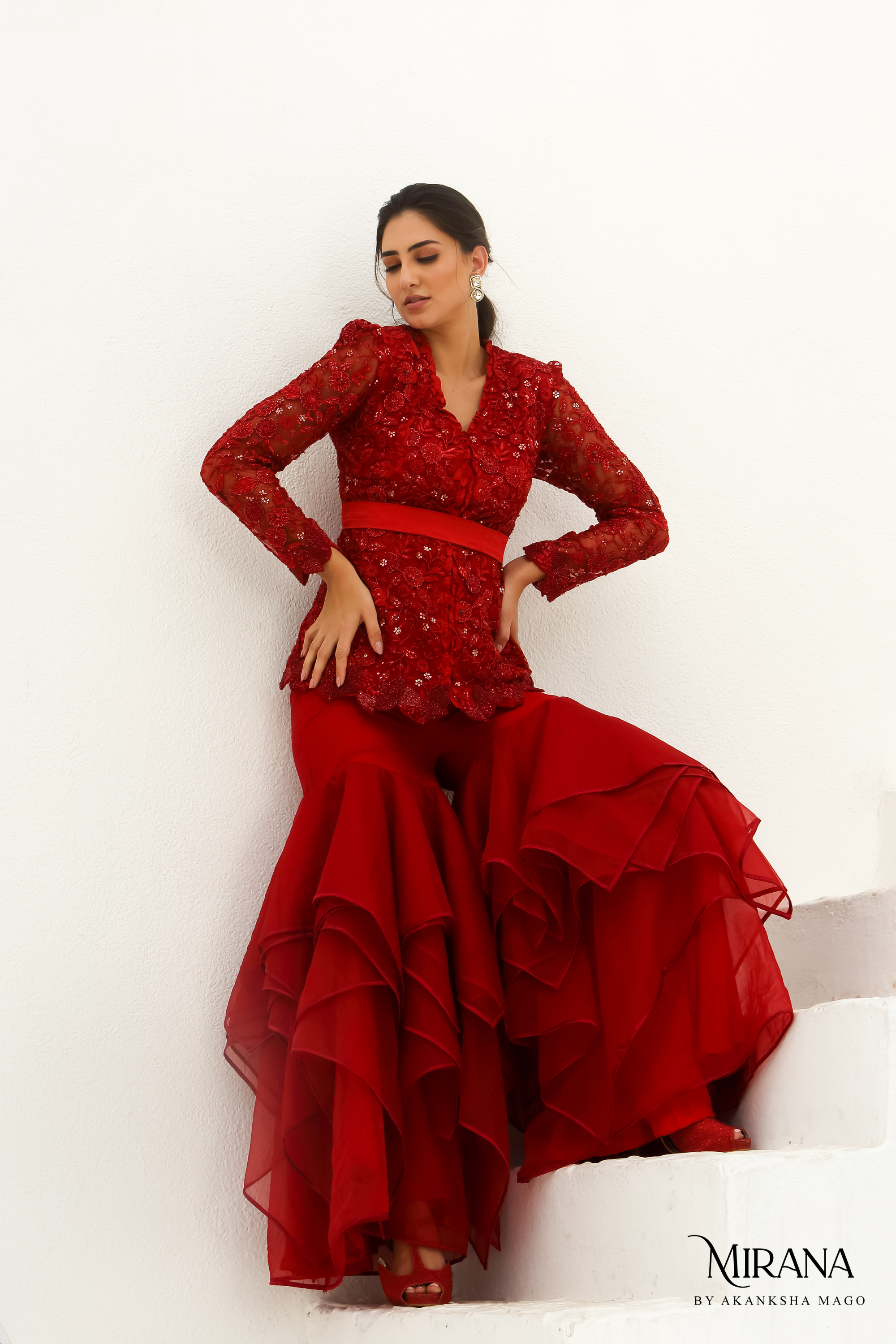 Carmine - Scarlet Red Jacket Garara Set