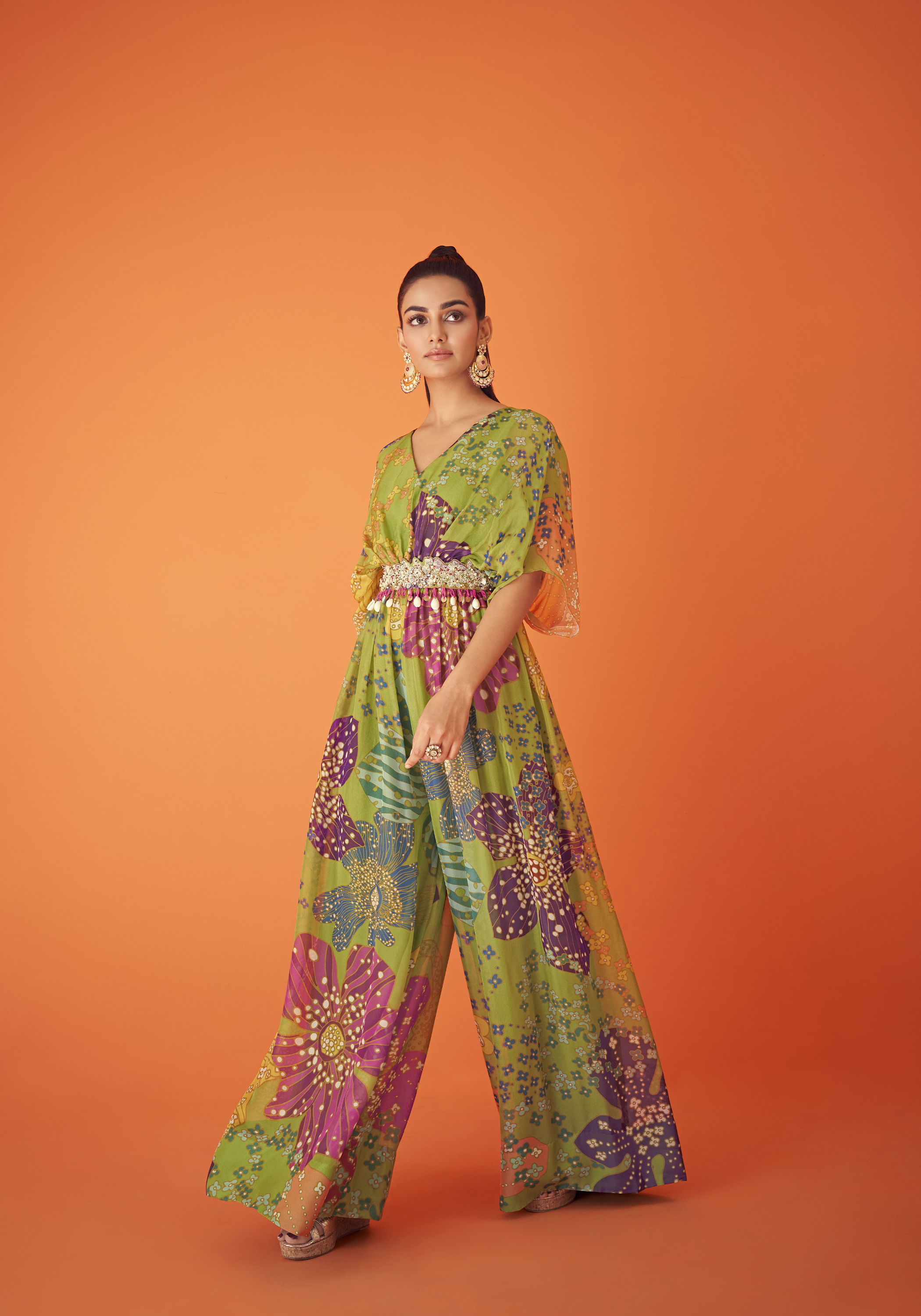 Green Printed Organza Waist Embellished Jumpsuit