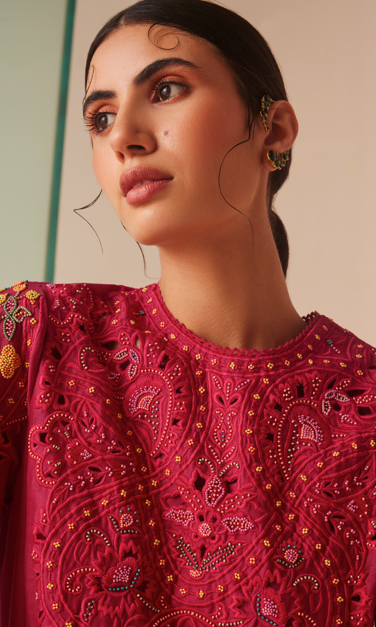 Fuchsia cutwork and beadwork kurta with cutwork straight pants