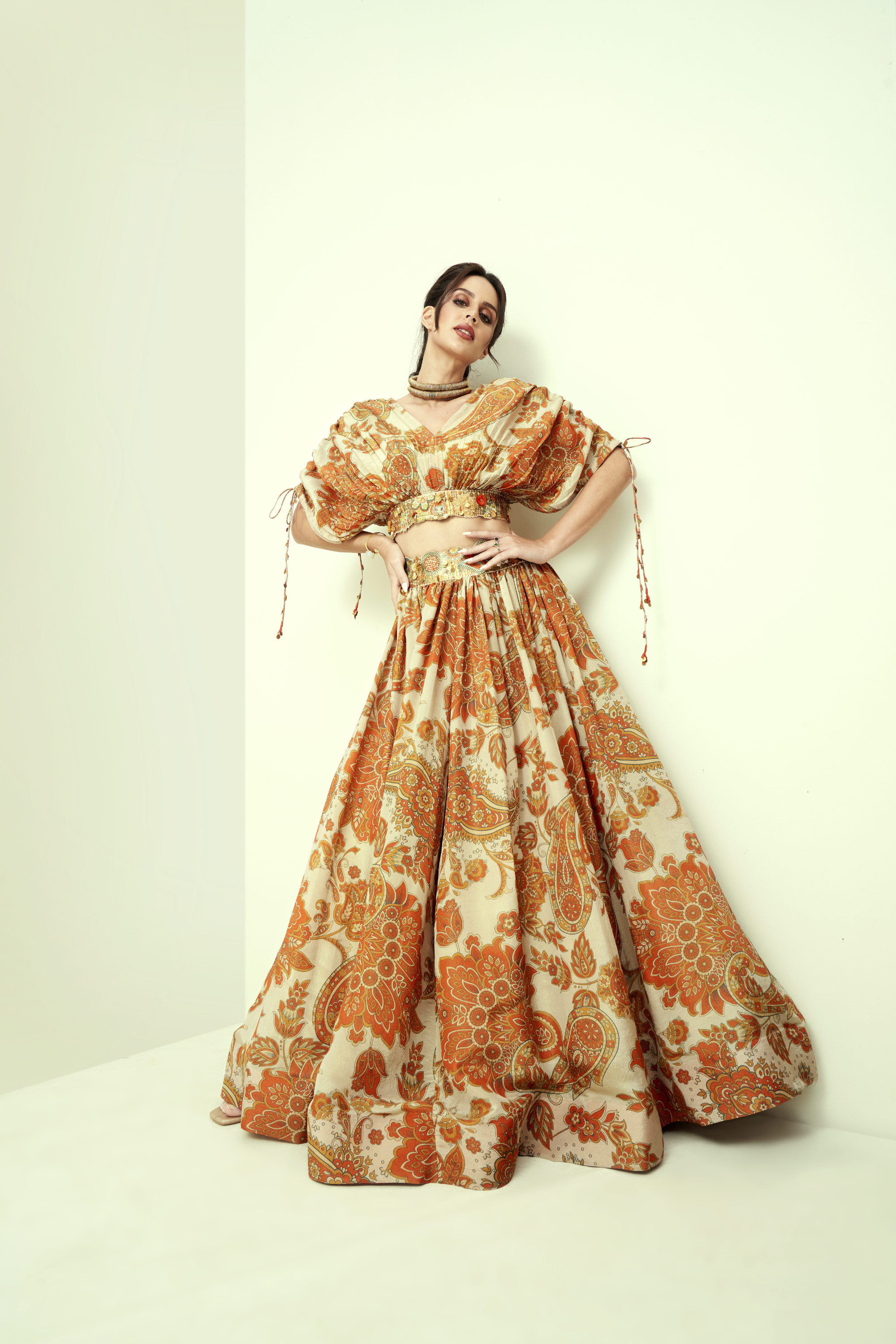 Off White Printed Tissue Waist Emb Lehenga