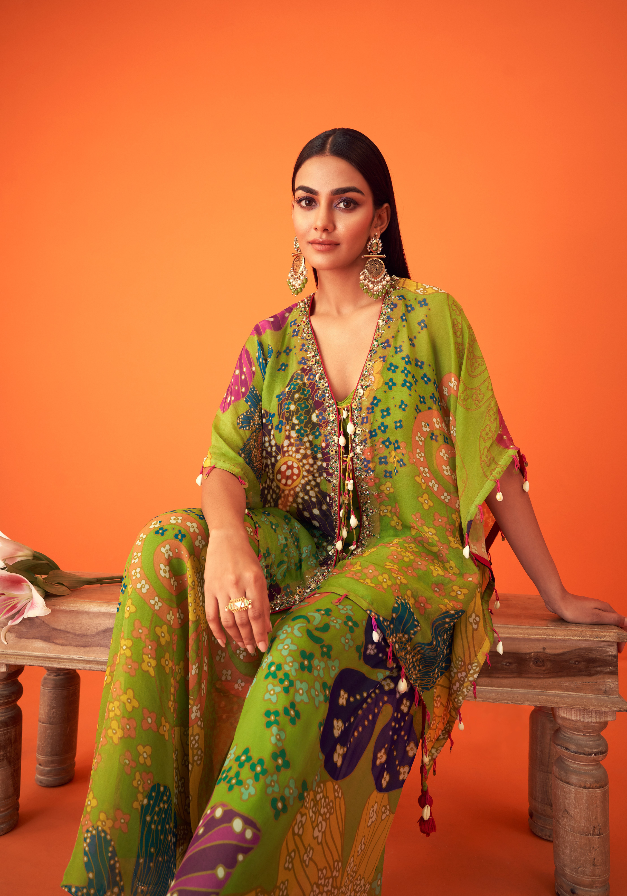 Green Printed Organza Kaftaan Paired With Sharara Pants And Bustier