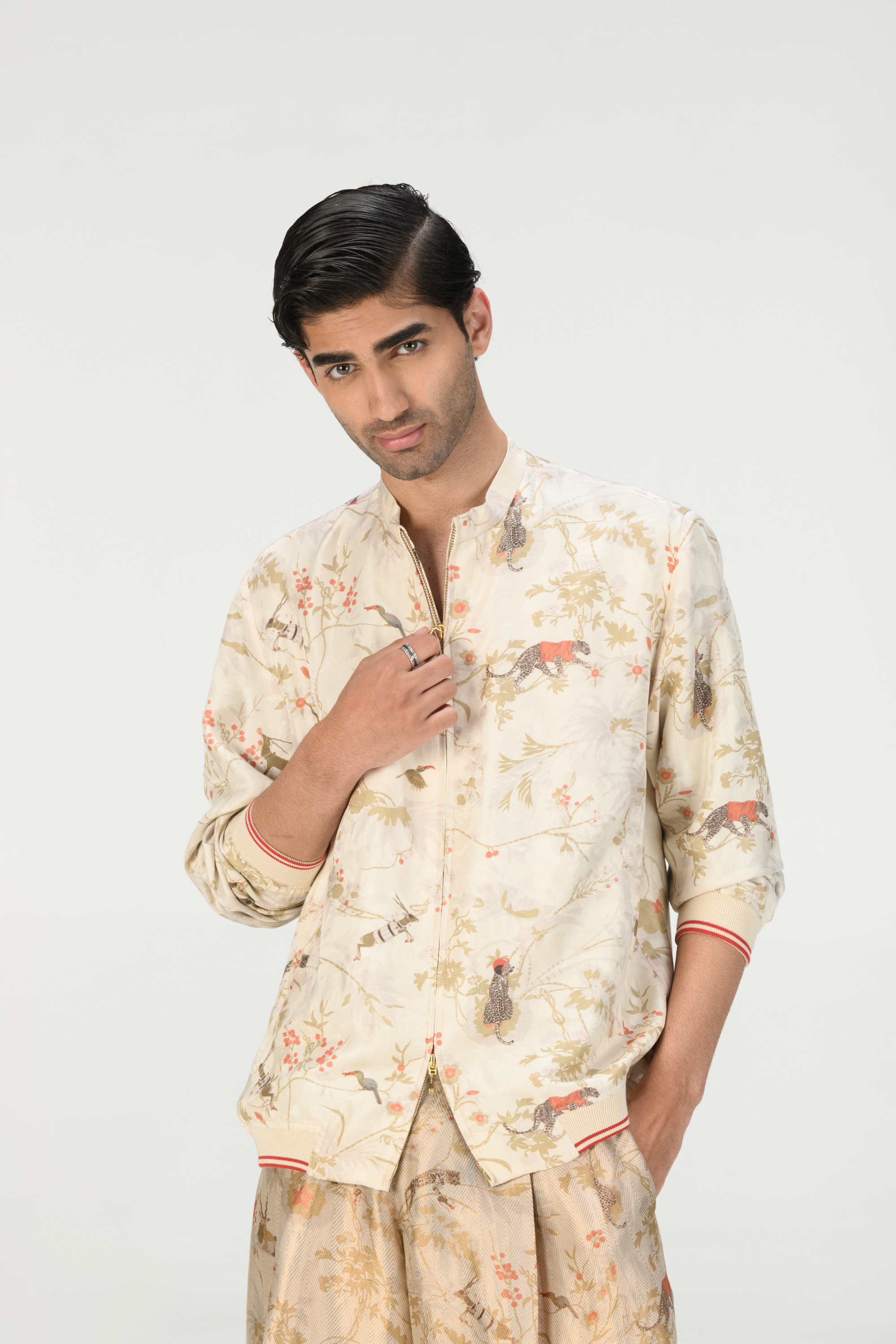 Rainforest Janbaaz Bomber Jacket Ivory Silk Damask