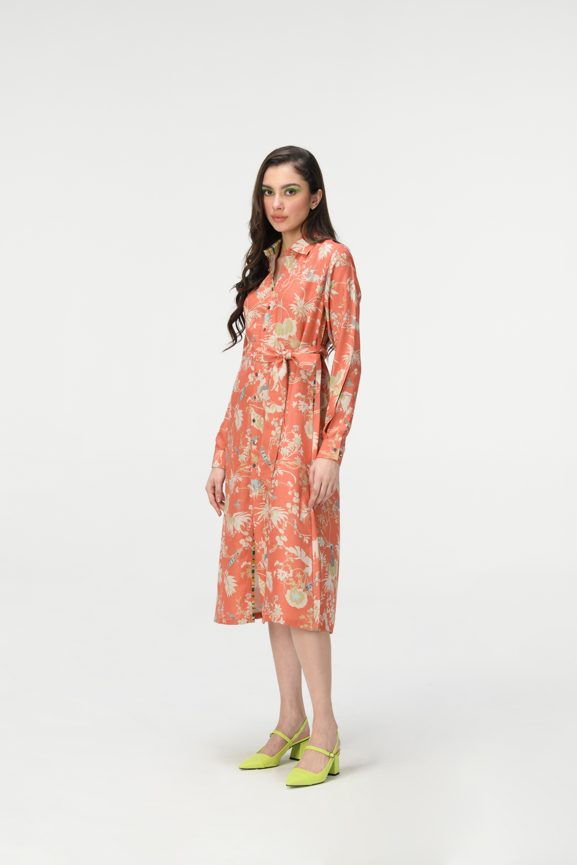 Rainforest Tie Belt Shirt Dress Coral Muga Satin Silk