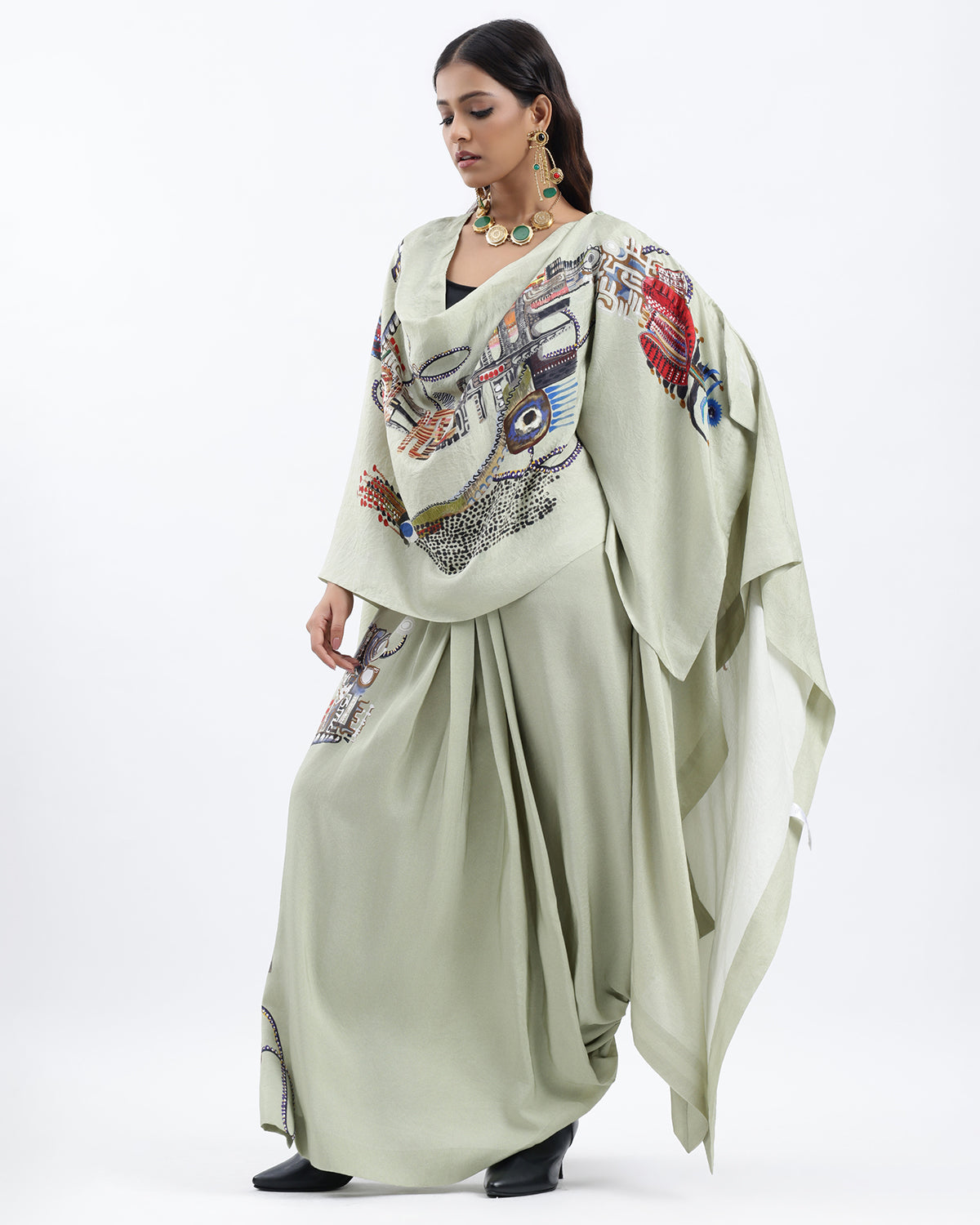 Cape With Lungi Skirt And Crop Top