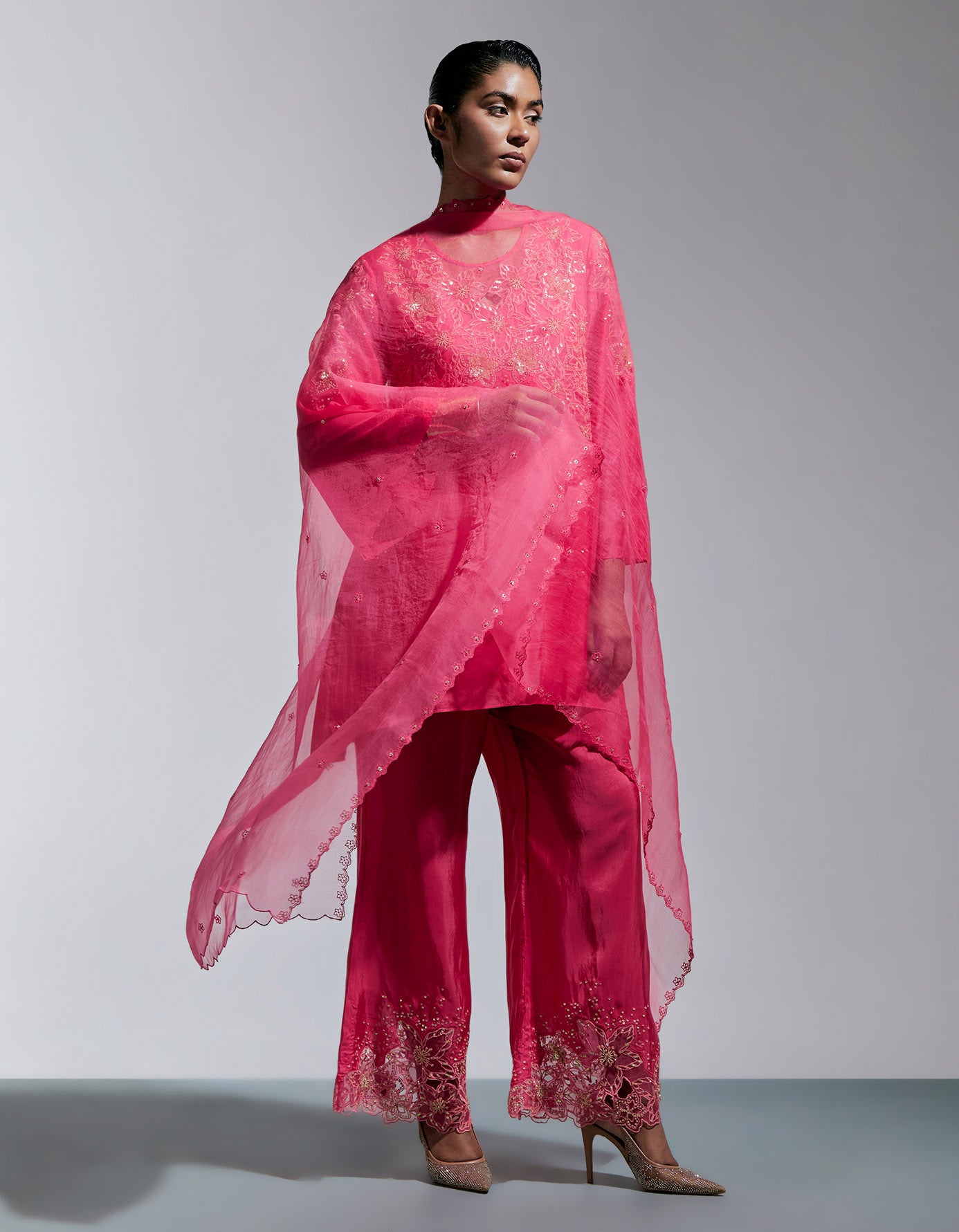 Raspberry Color Dupatta In Silk Organza