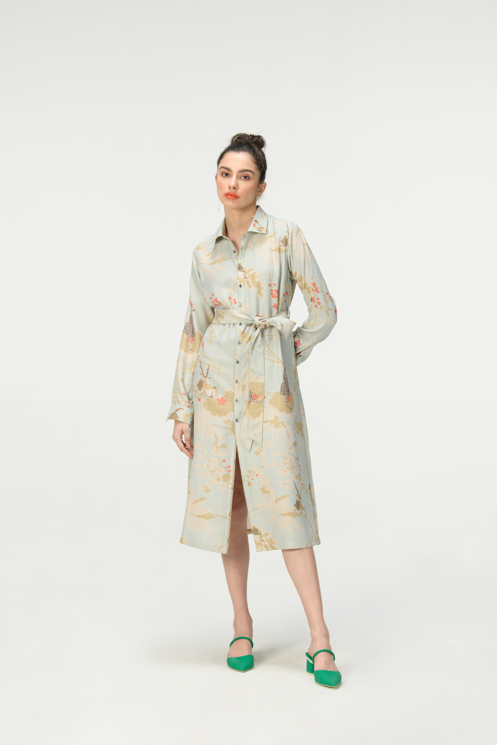 Rainforest Tie Belt Shirt Dress Ice Blue Muga Satin Silk