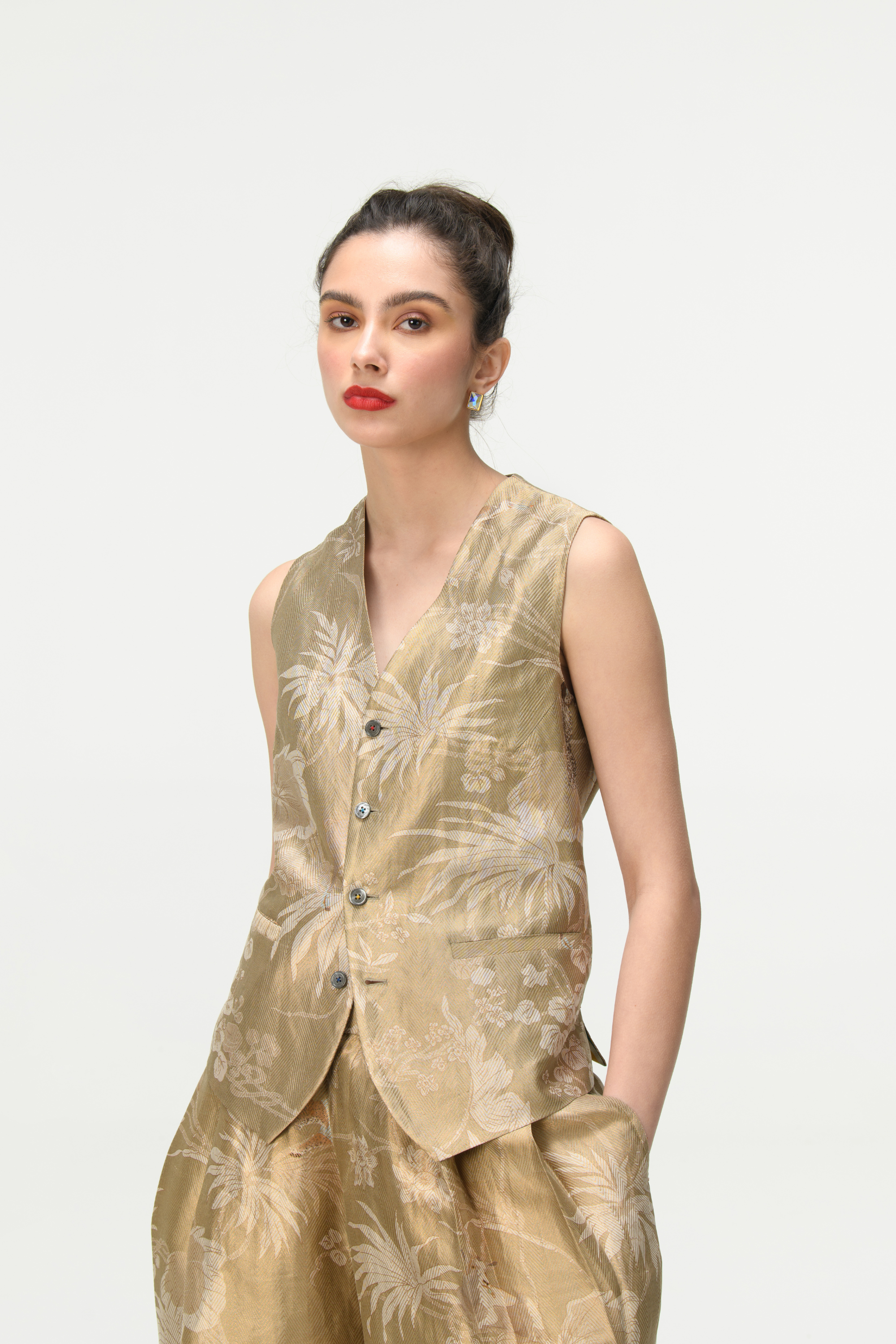 Rainforest Vest Coat Oyster Grey Silk Brocade Zig Zag