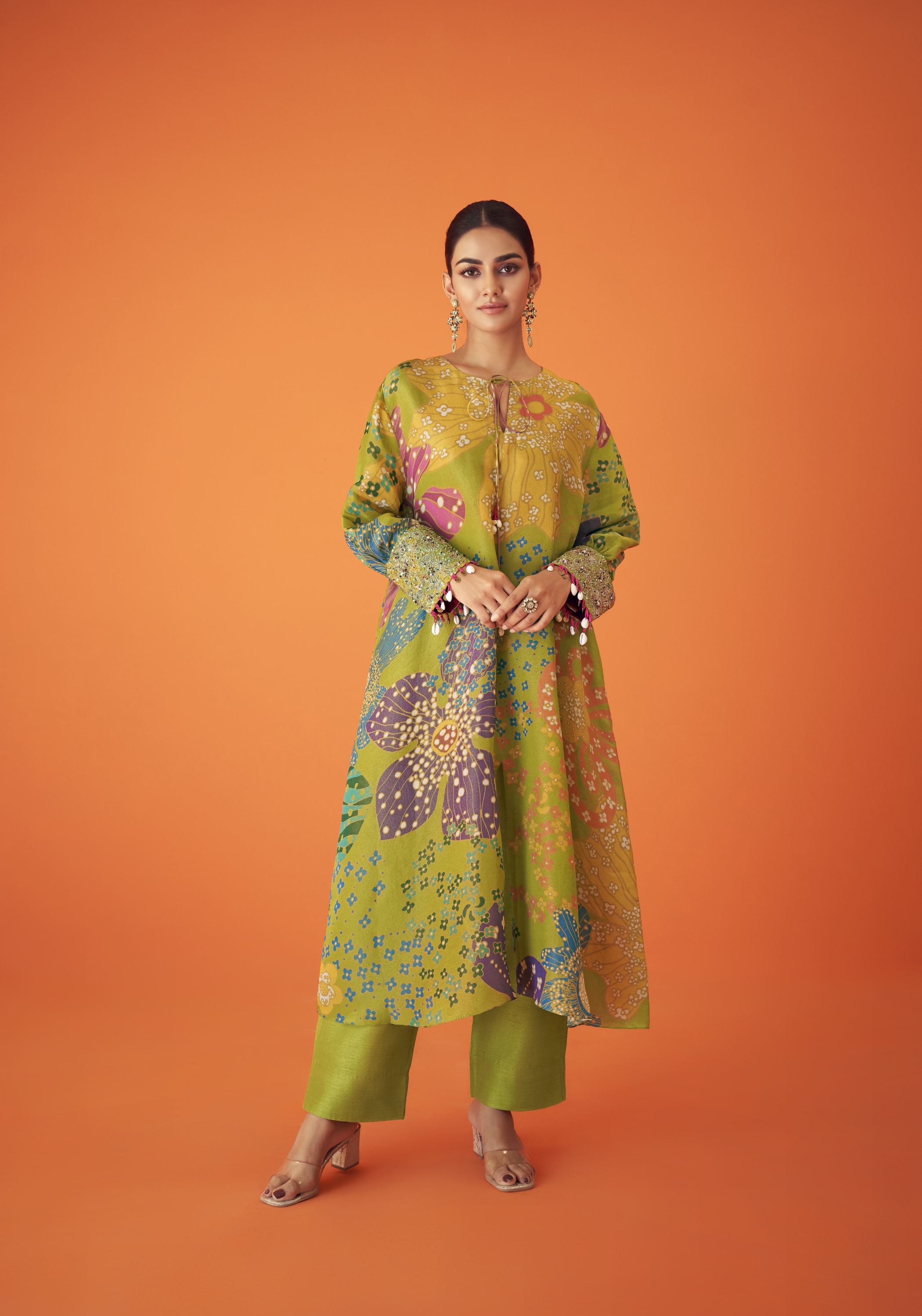 Green Printed Organza Cuff Embellished A-Line Kurta Set