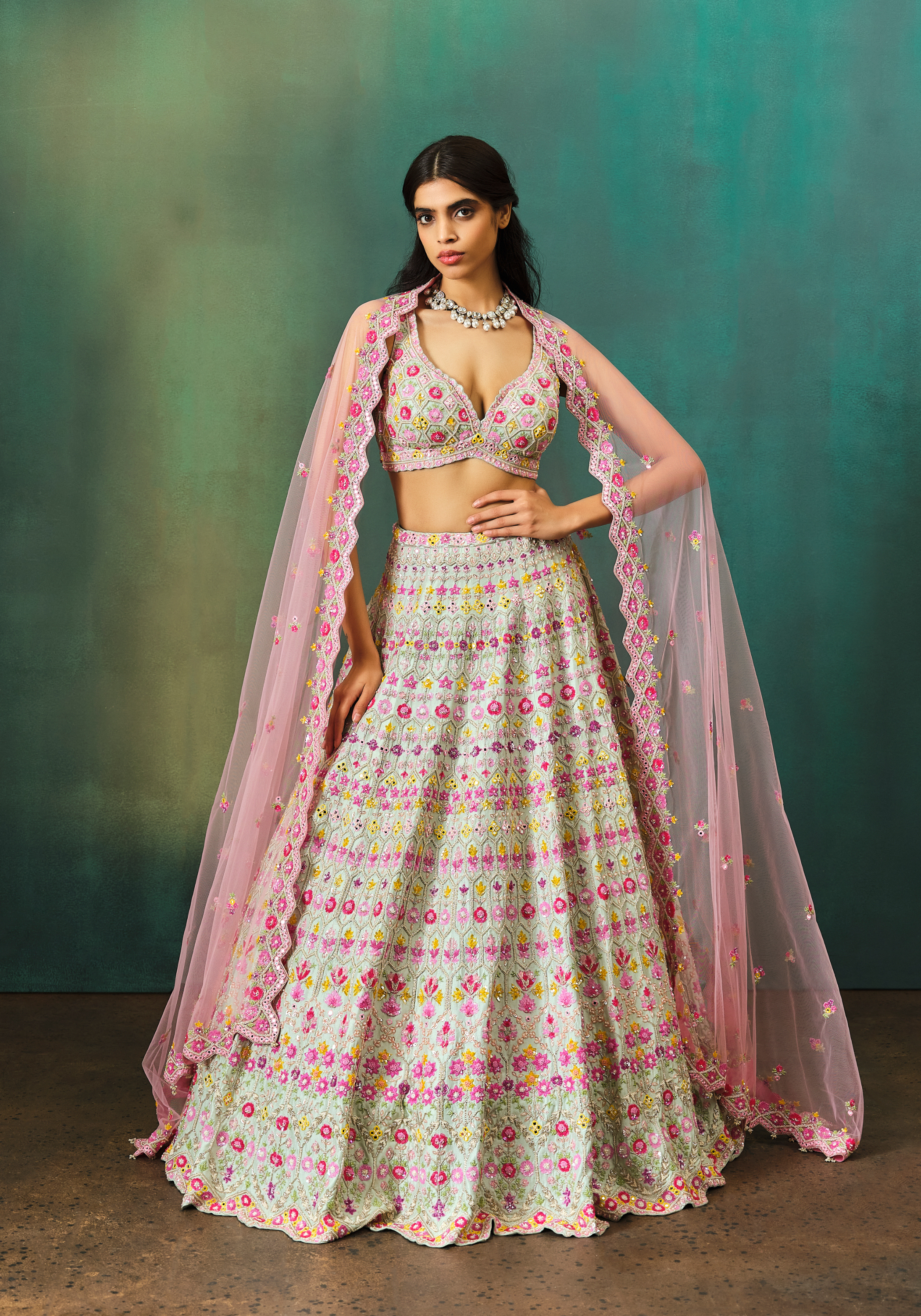 Aqua Floral Hexagon Lehenga