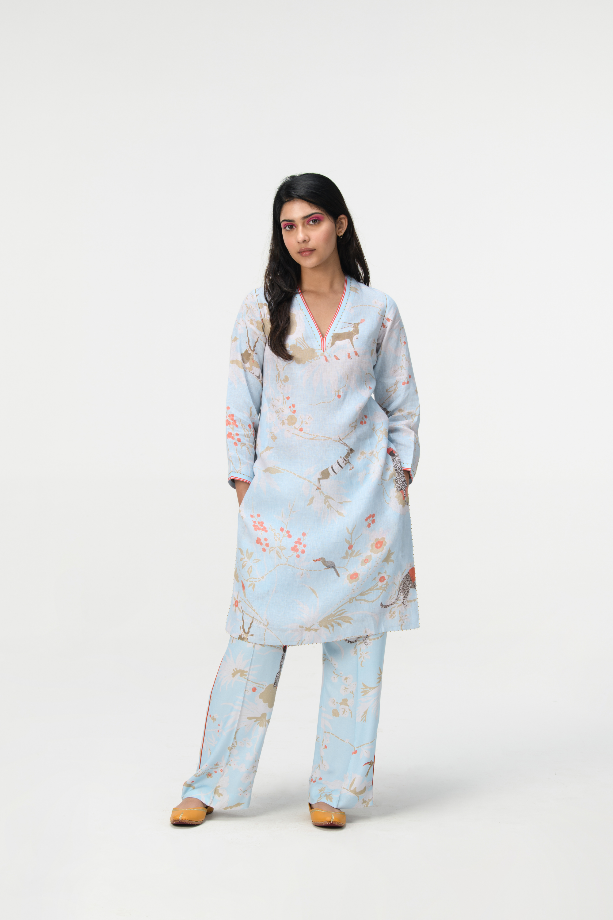 Rainforest V Neck Kurta Ice Blue Linen