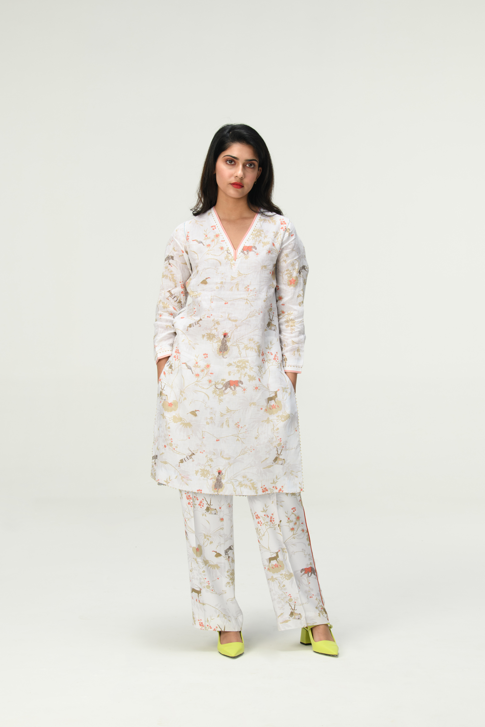 Rainforest V Neck Kurta Ivory Linen