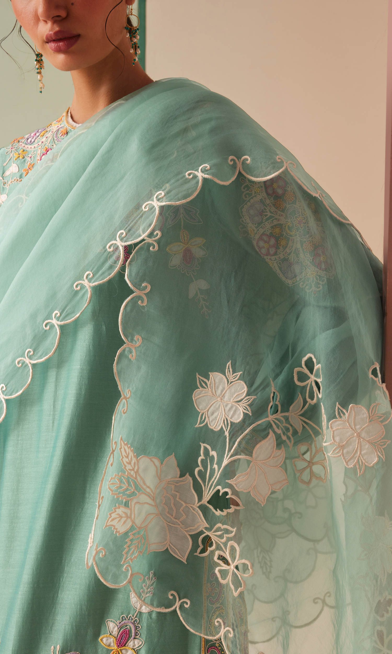 Aqua cutwork and applique organza dupatta