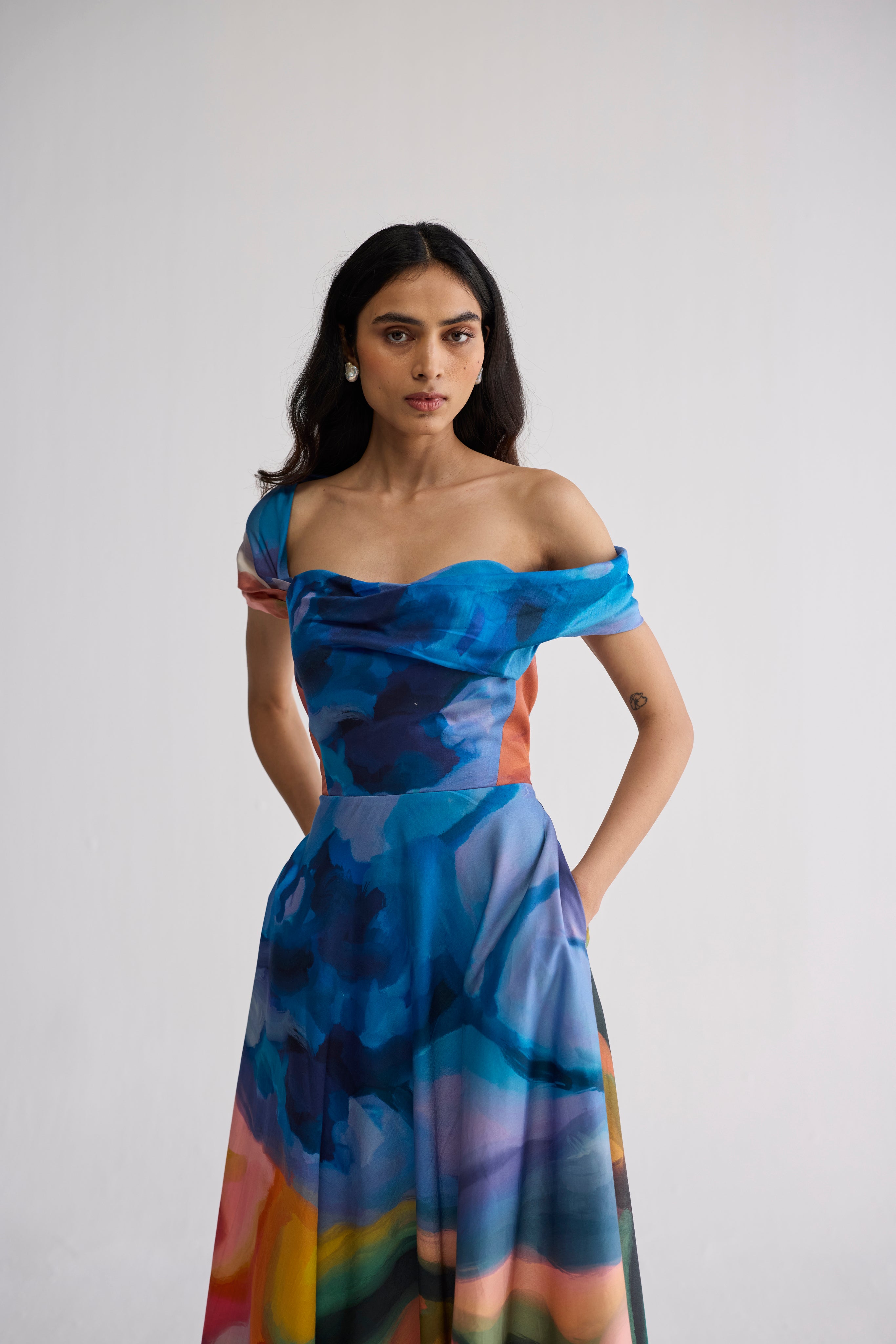 Rainbow Garden Draped Off Shoulder Dress