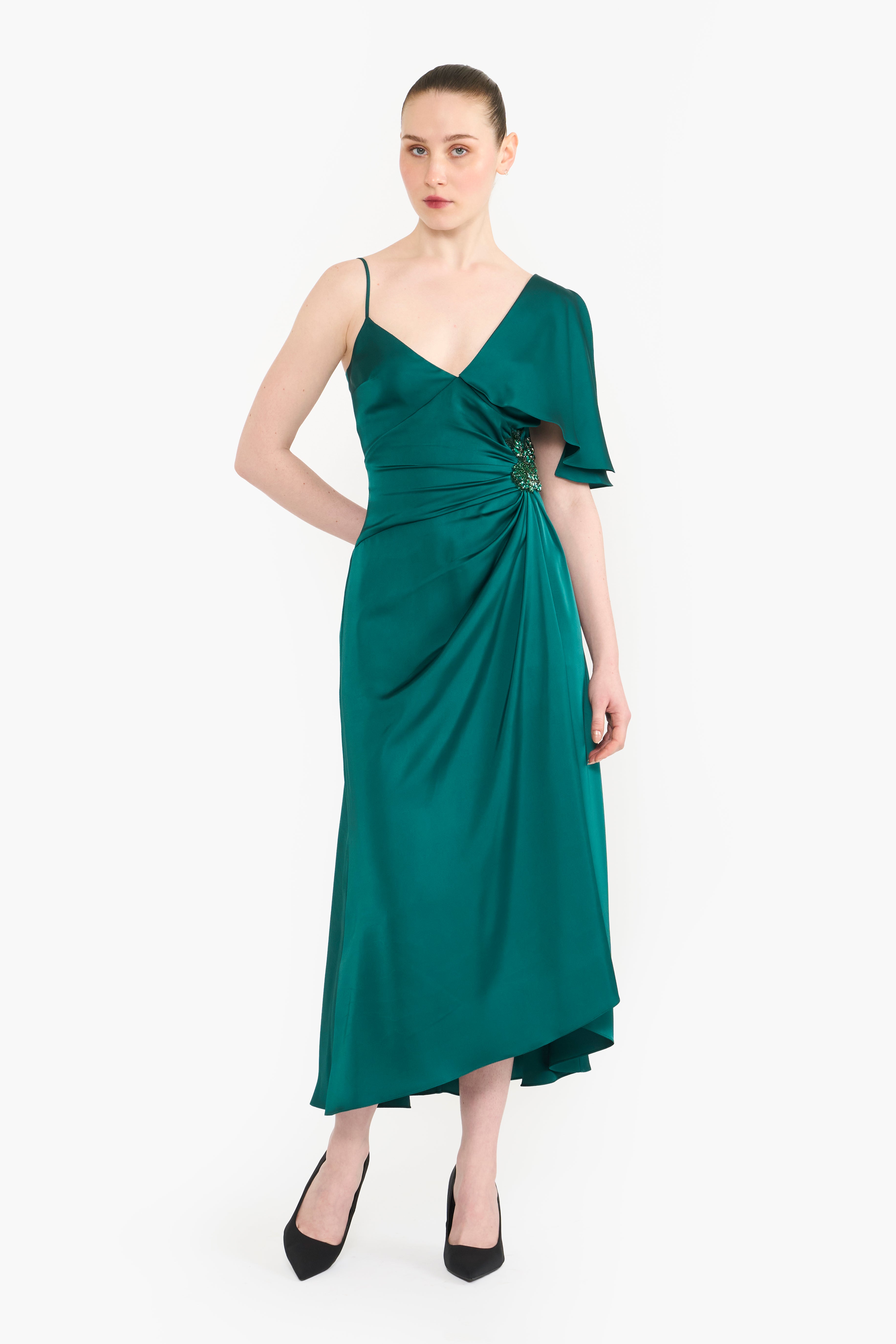 Asymmetric Satin Draped Midi