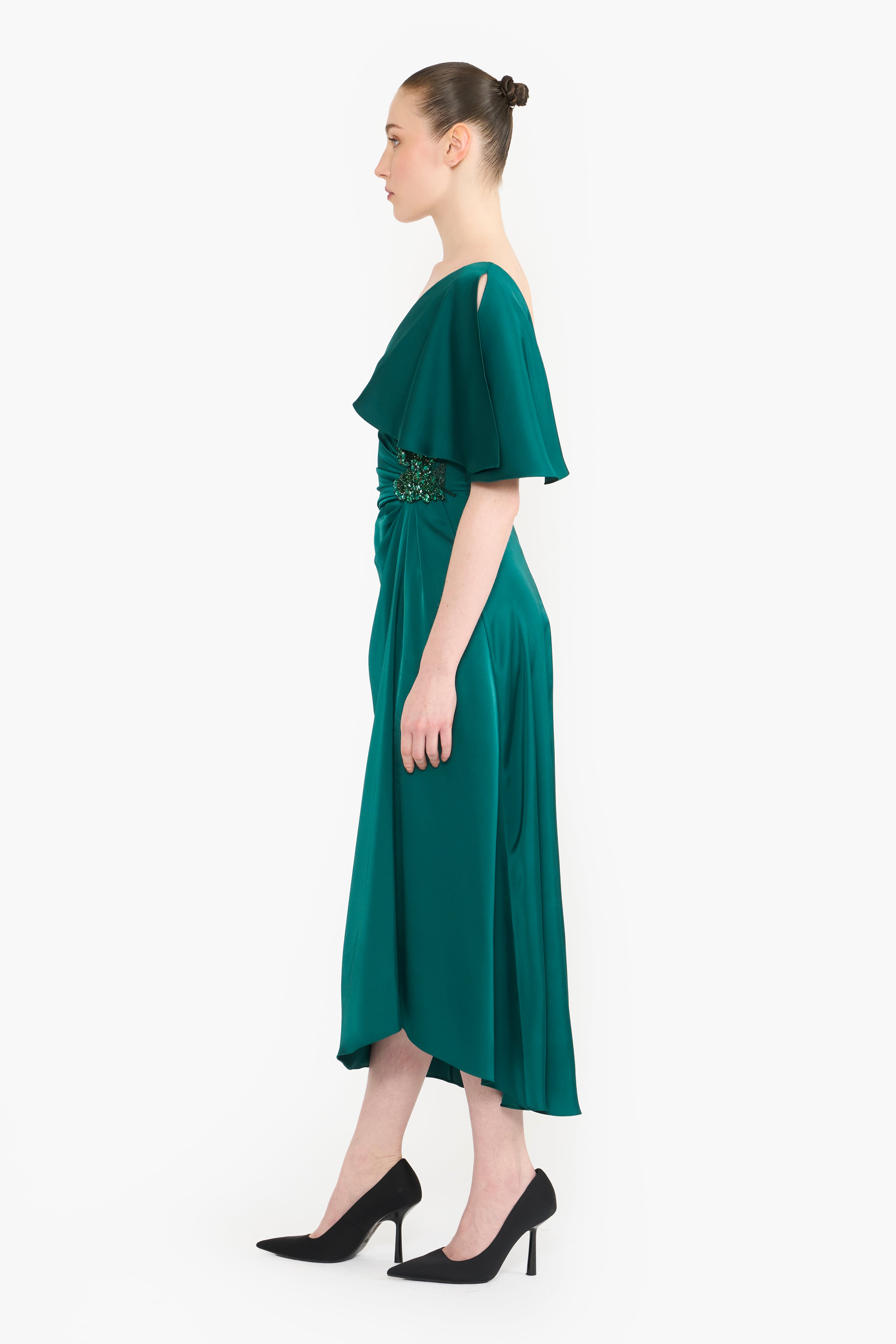Asymmetric Satin Draped Midi