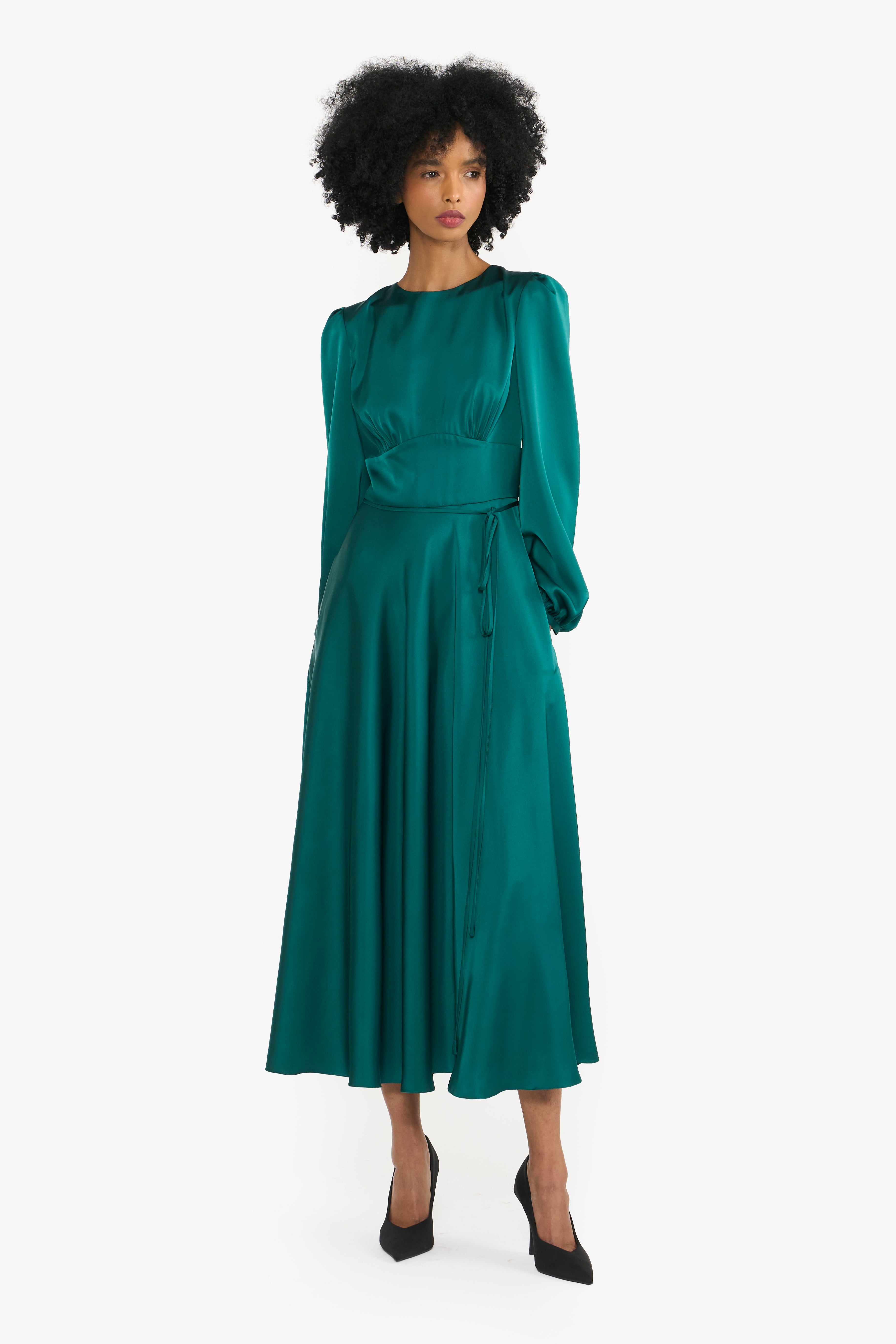 Flowing Satin Pouf Sleeves Midi