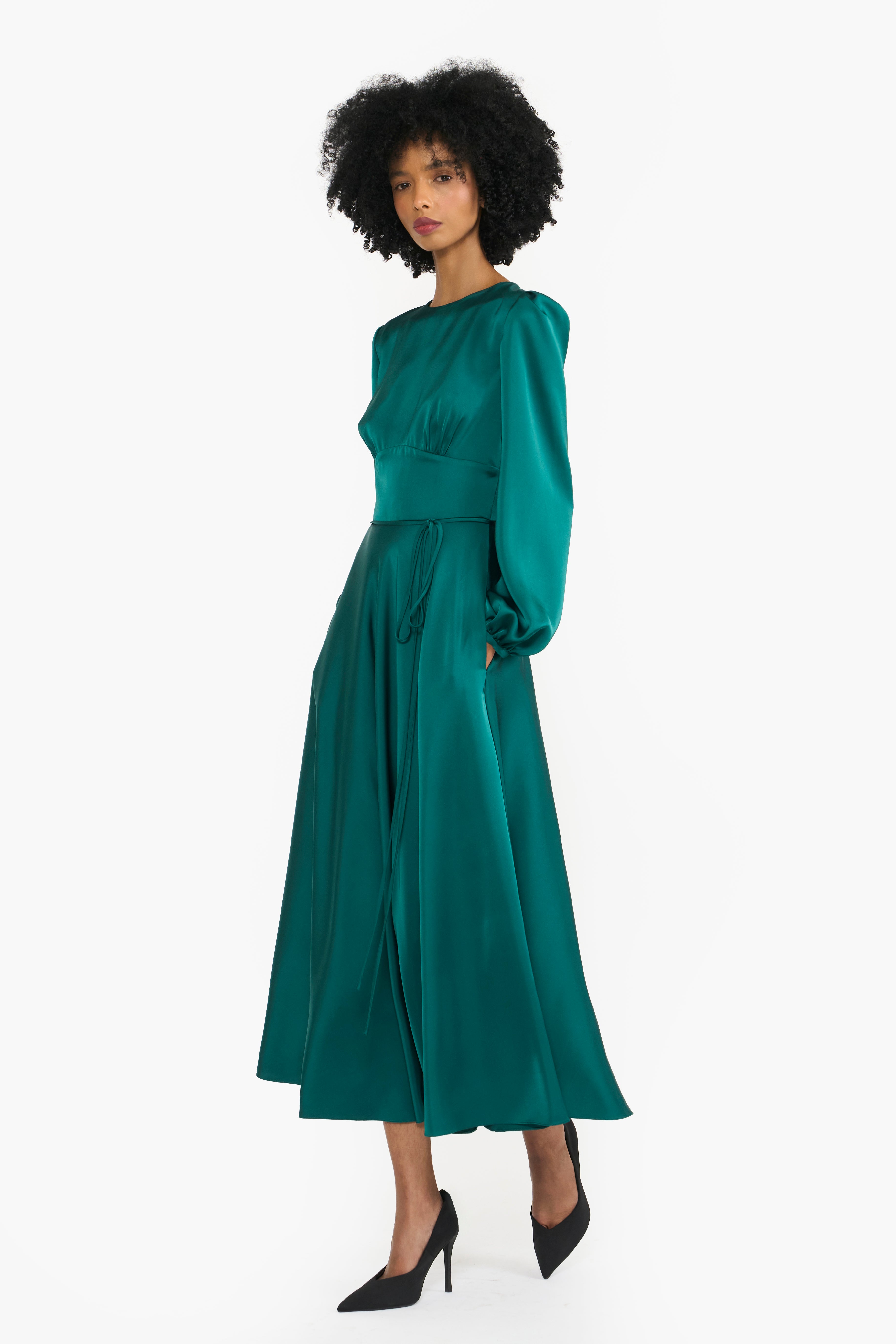 Flowing Satin Pouf Sleeves Midi