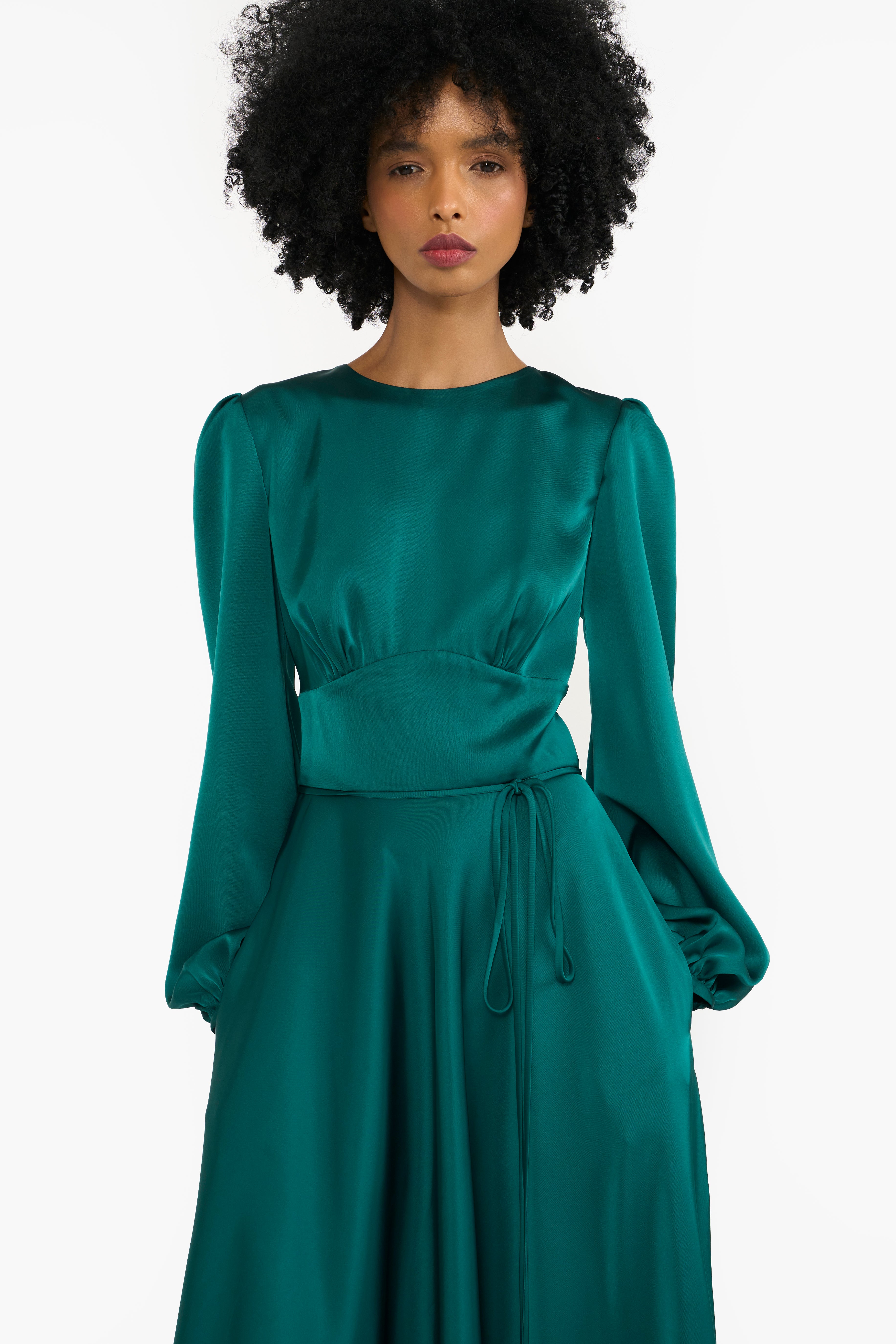 Flowing Satin Pouf Sleeves Midi