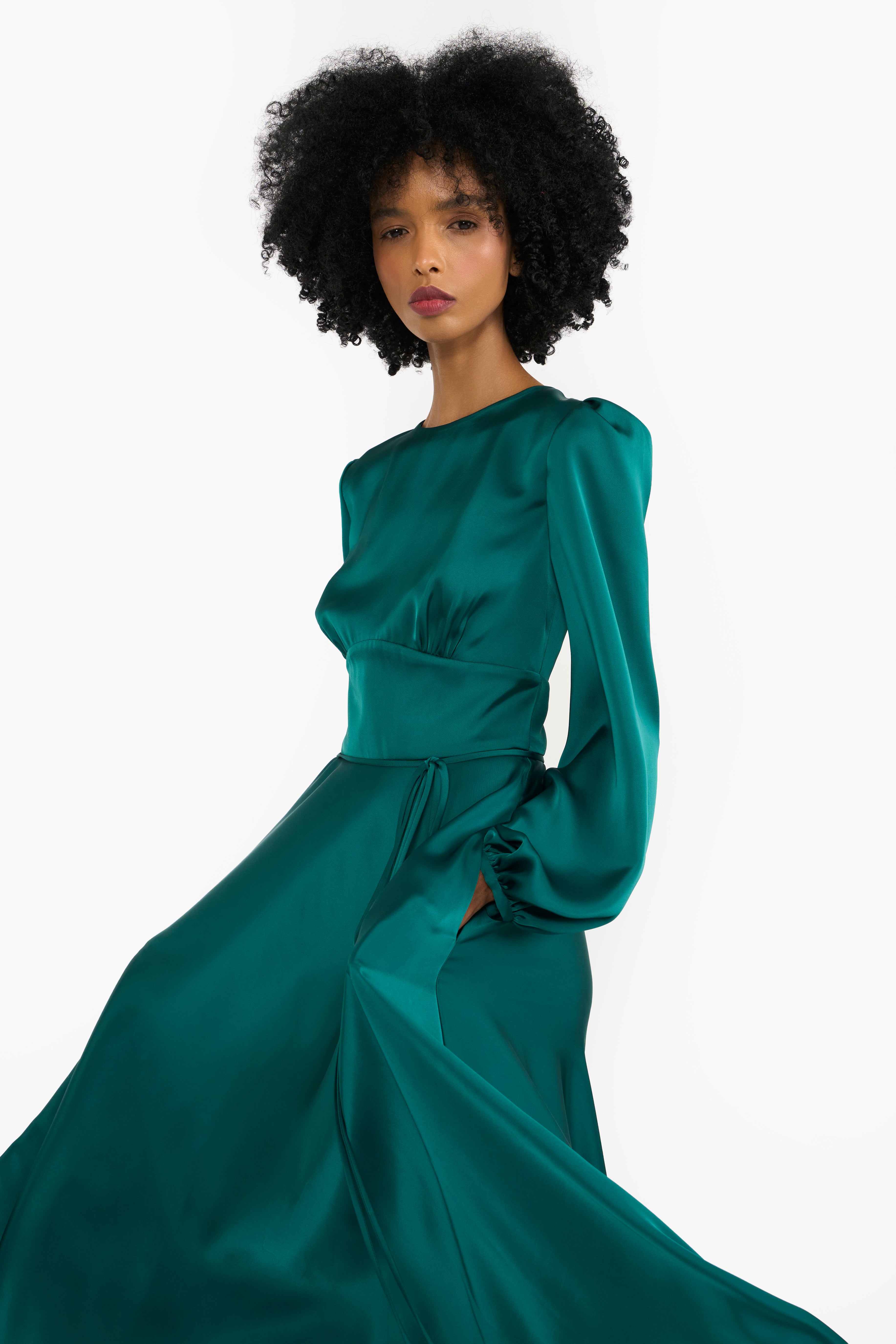 Flowing Satin Pouf Sleeves Midi