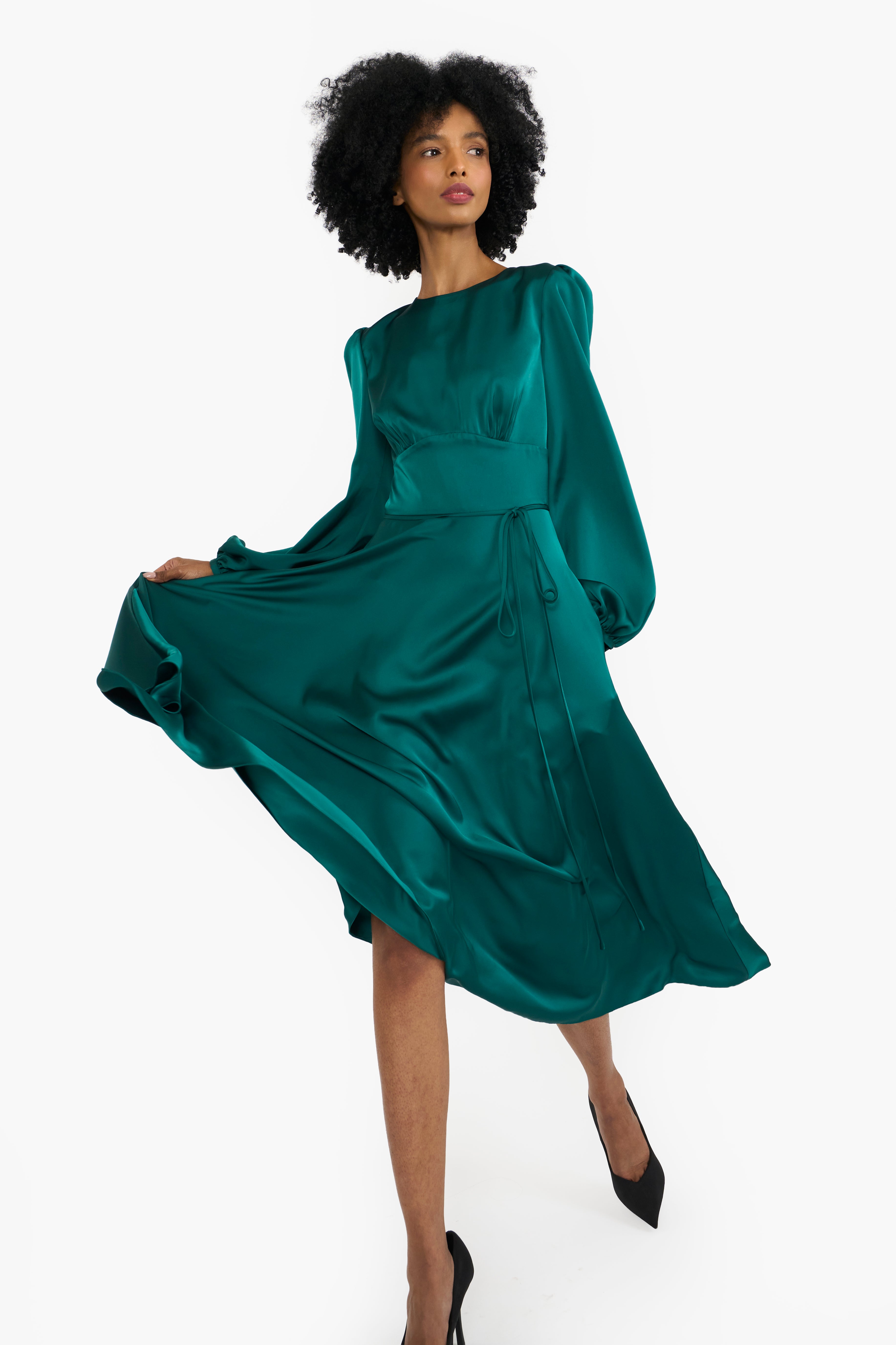 Flowing Satin Pouf Sleeves Midi