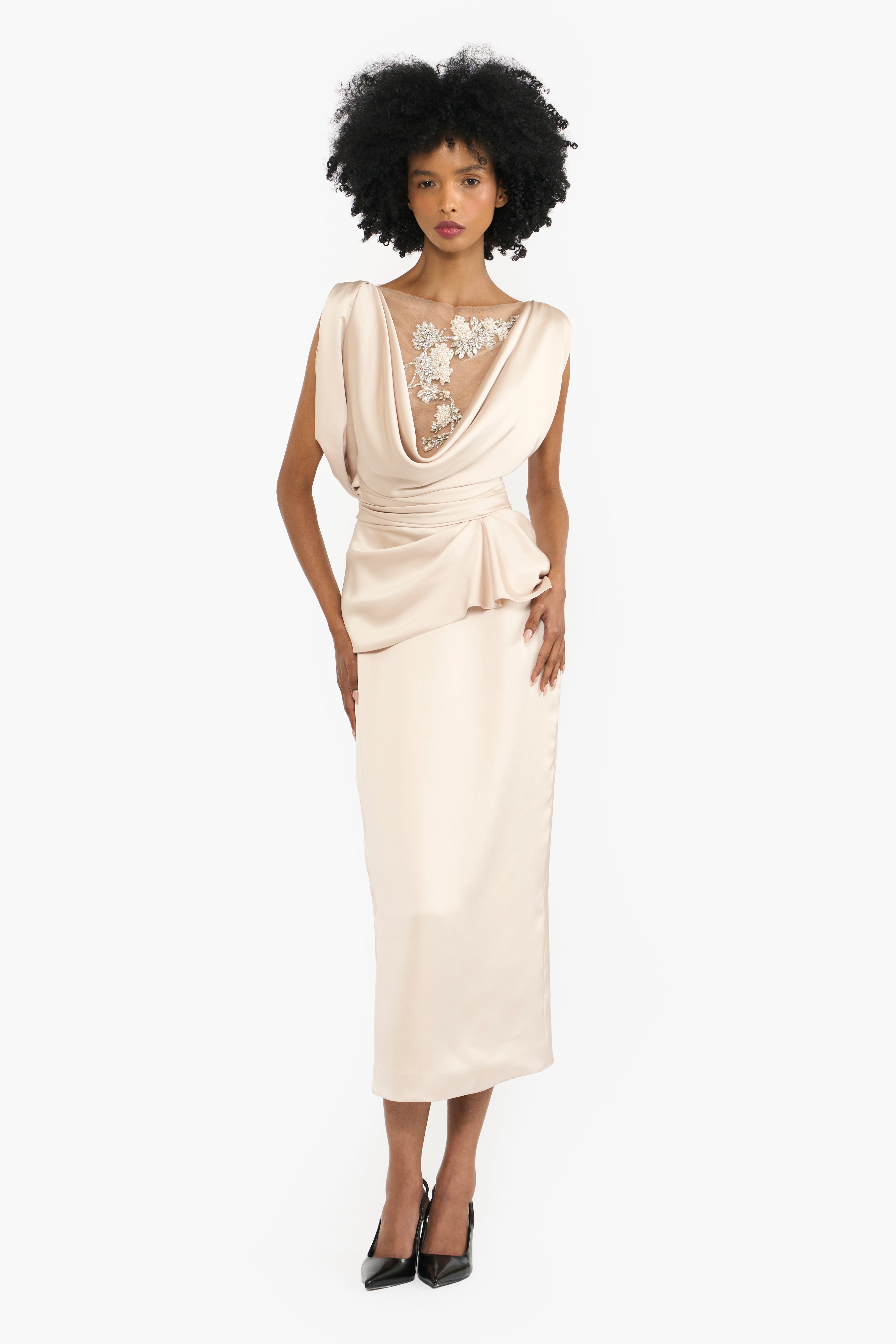 Cowl Neck Draped Pencil Dress