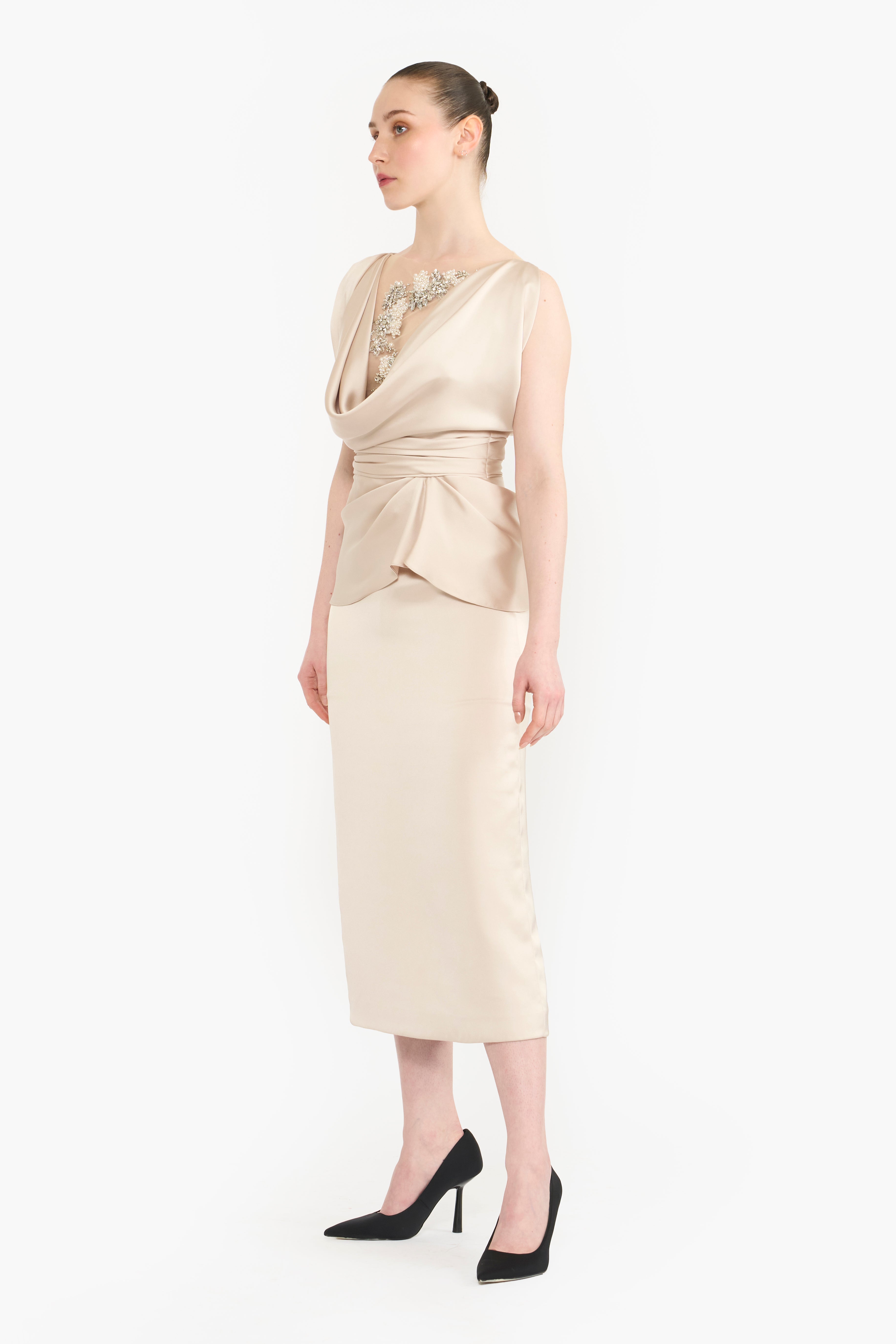 Cowl Neck Draped Pencil Dress