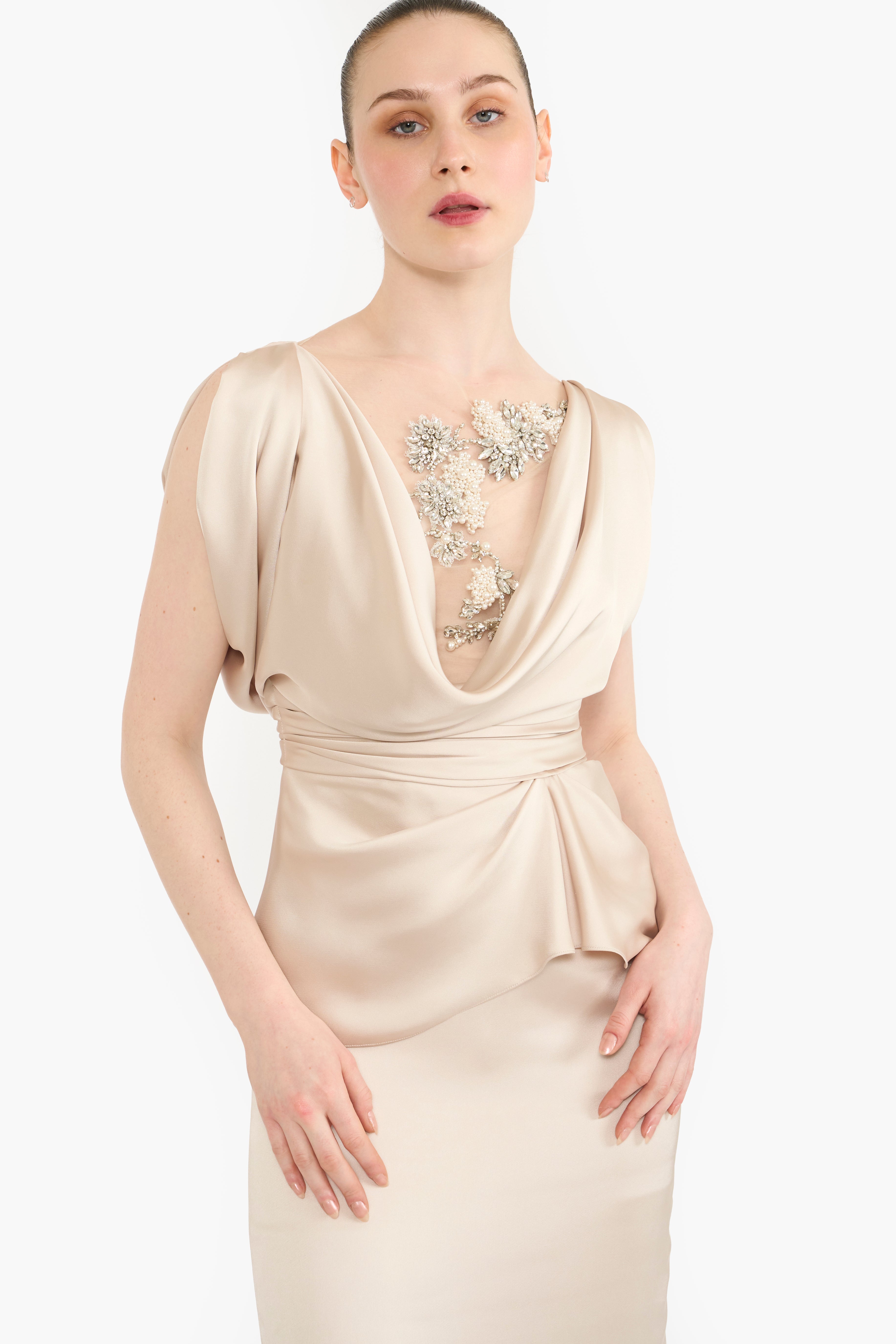 Cowl Neck Draped Pencil Dress