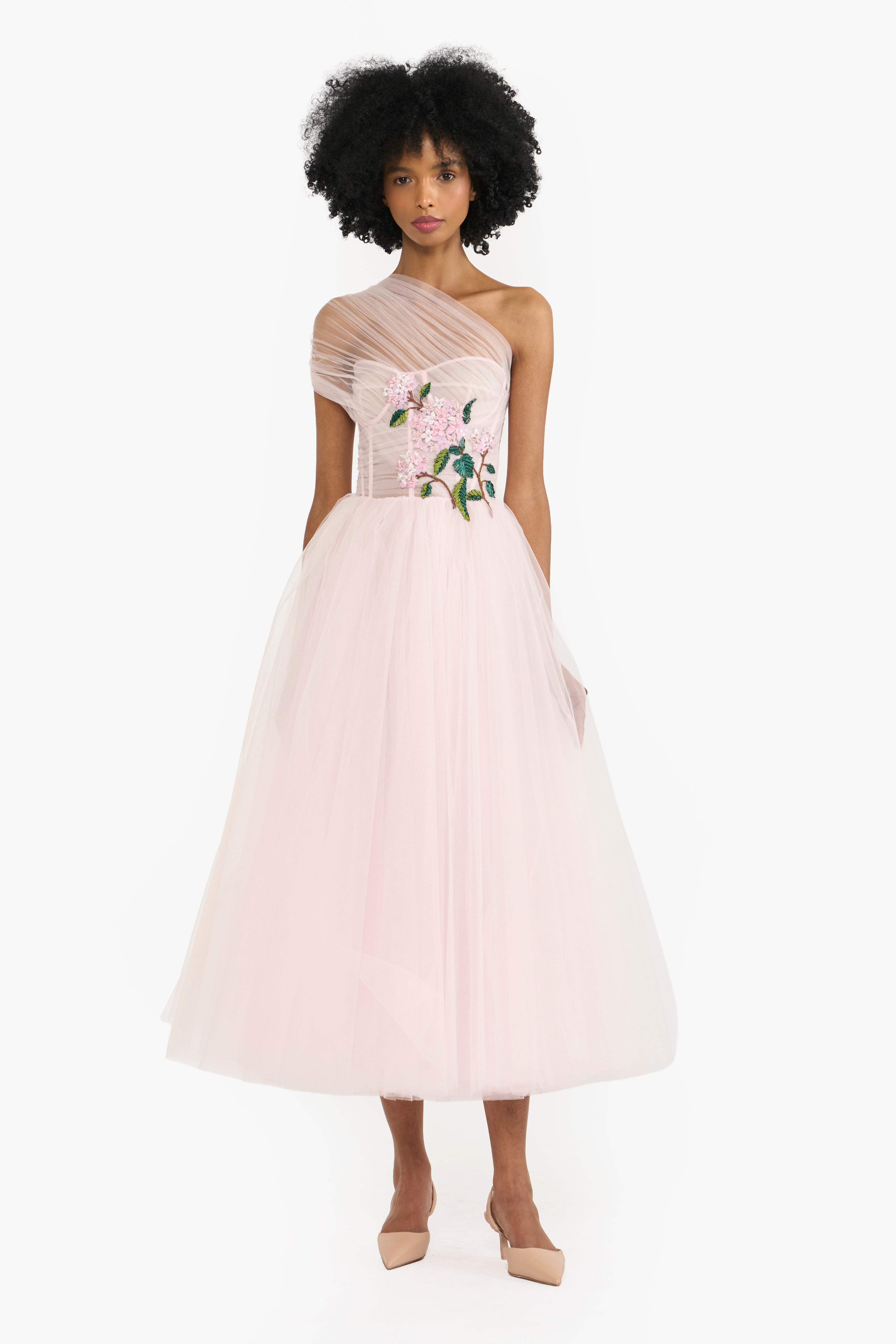One Shoulder Tulle Midi