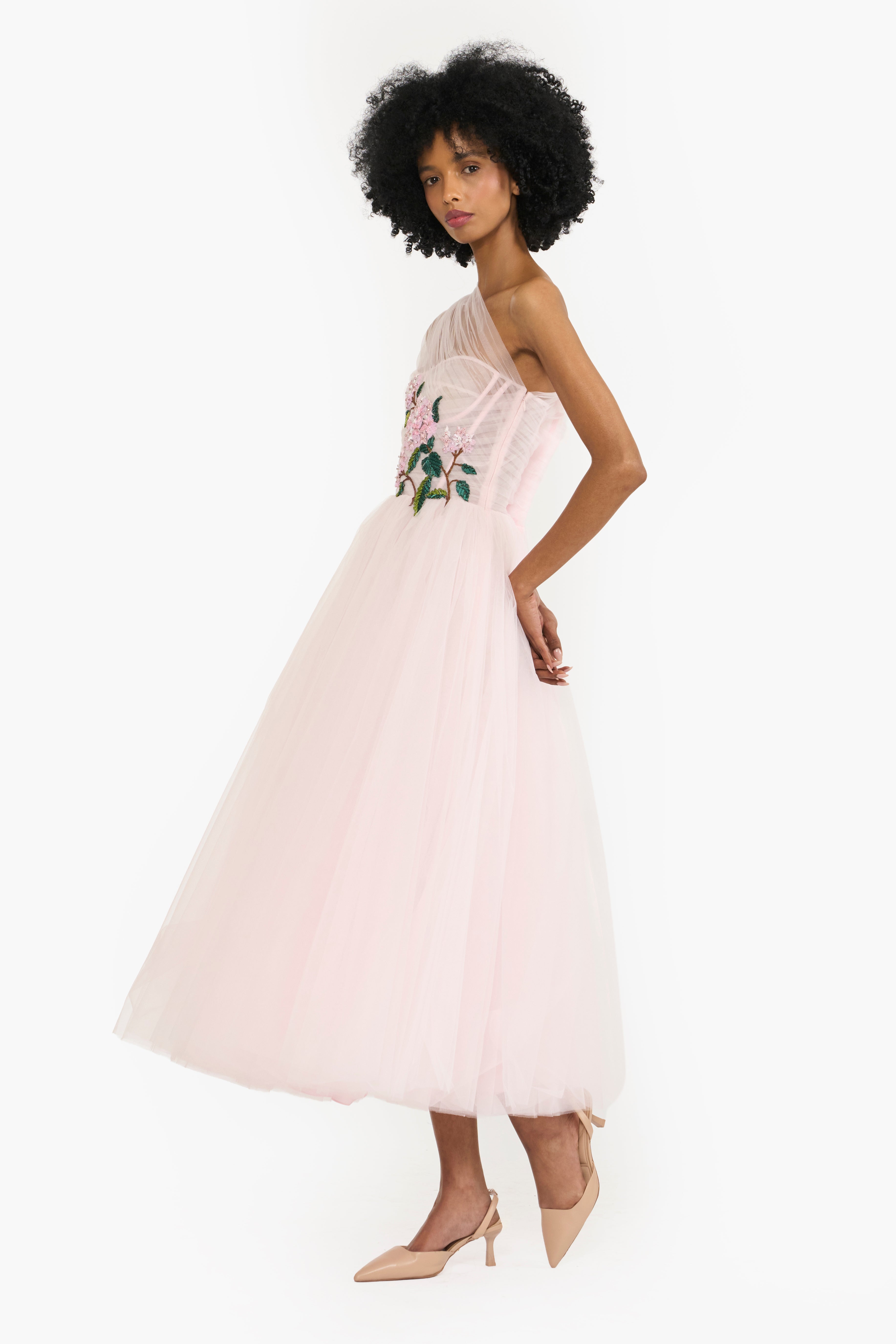 One Shoulder Tulle Midi