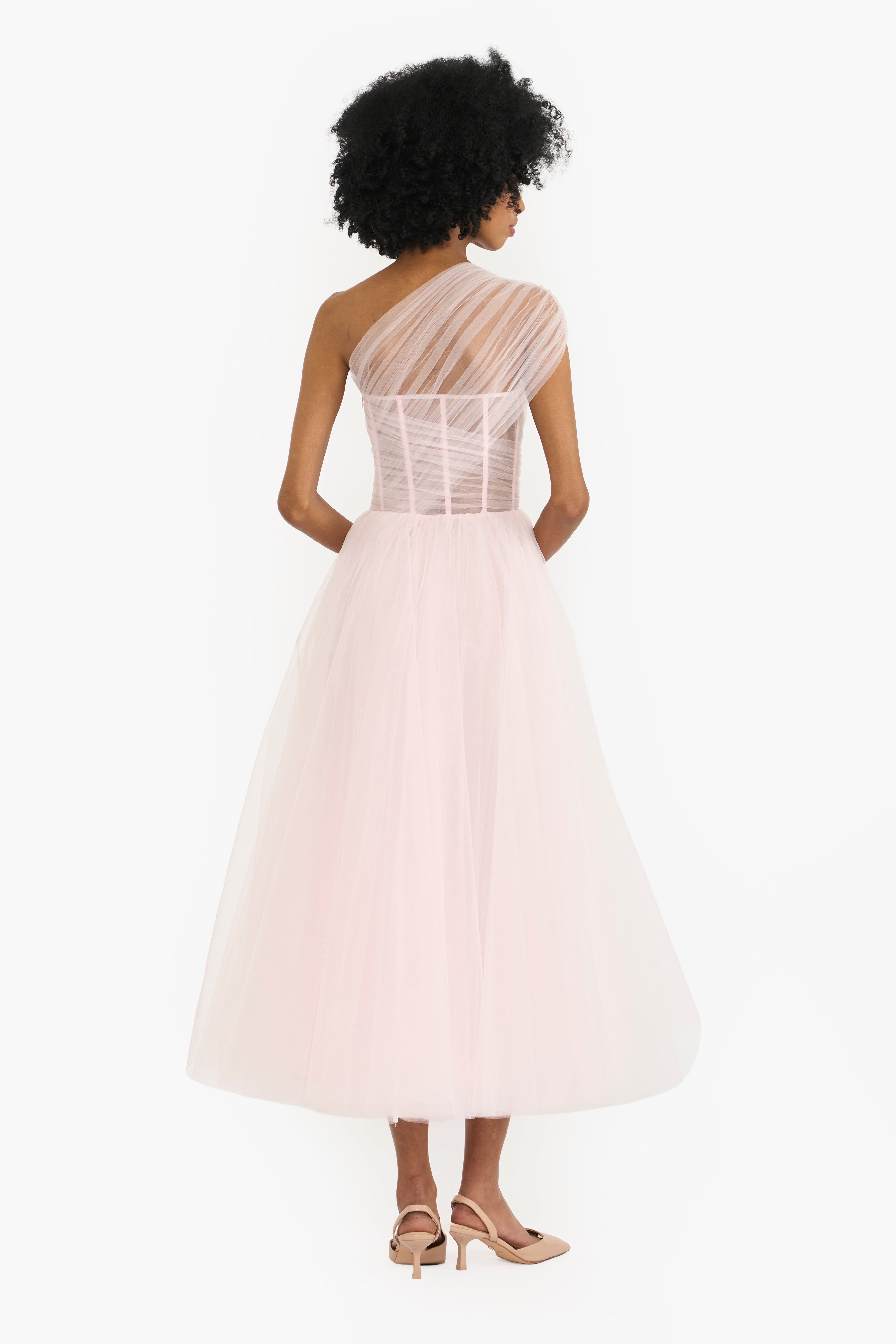 One Shoulder Tulle Midi