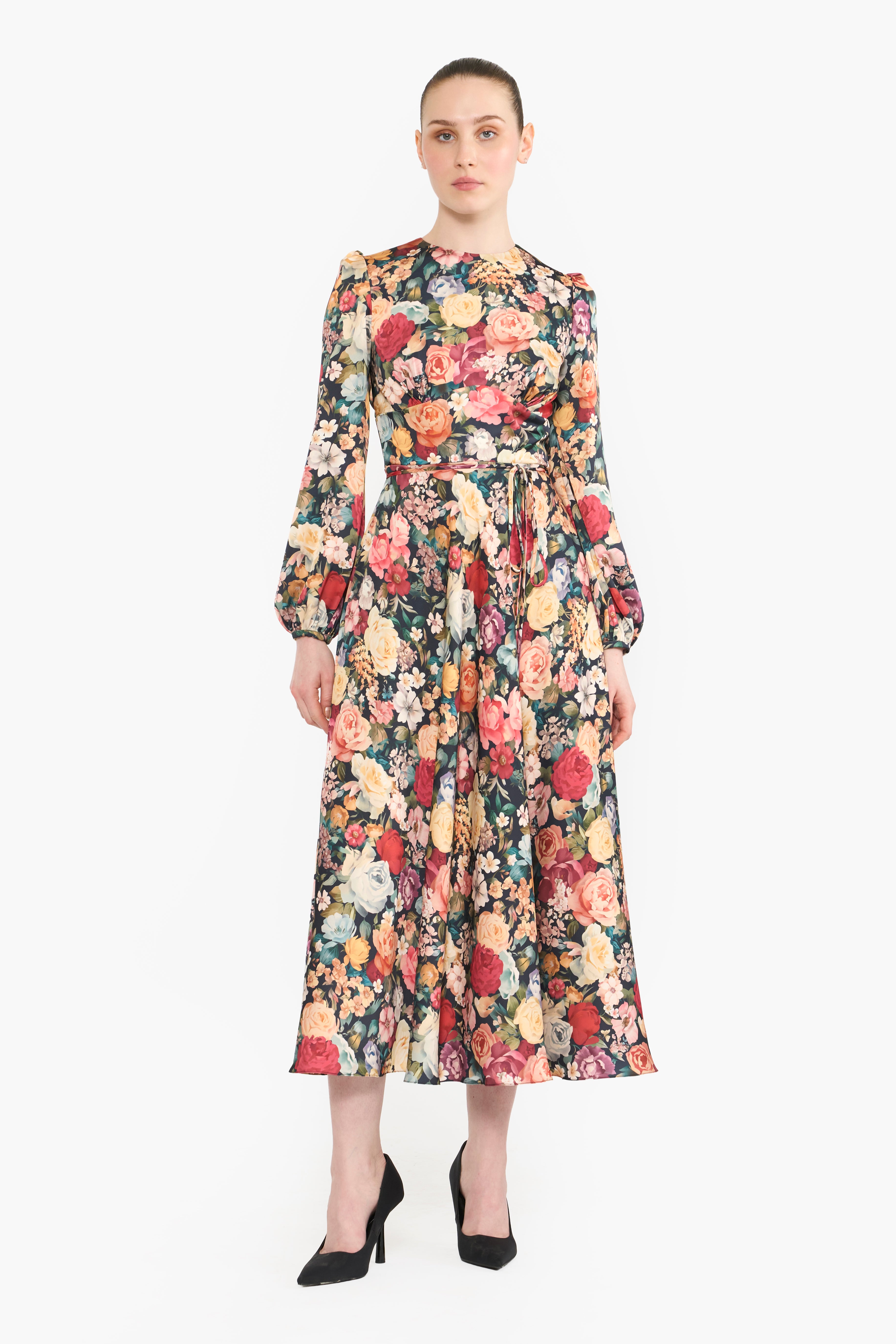 Flowing Satin Pouf Sleeves Midi