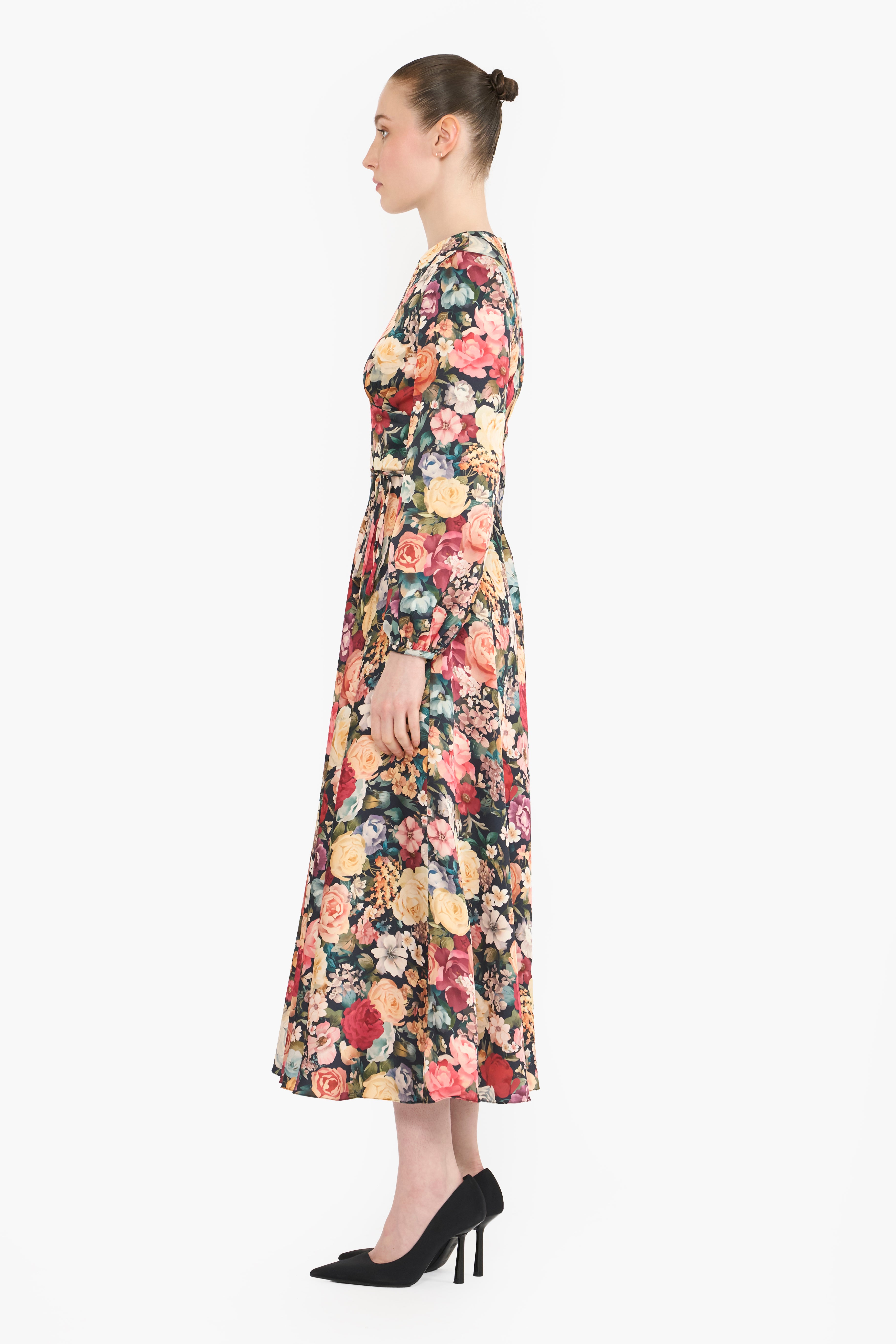 Flowing Satin Pouf Sleeves Midi
