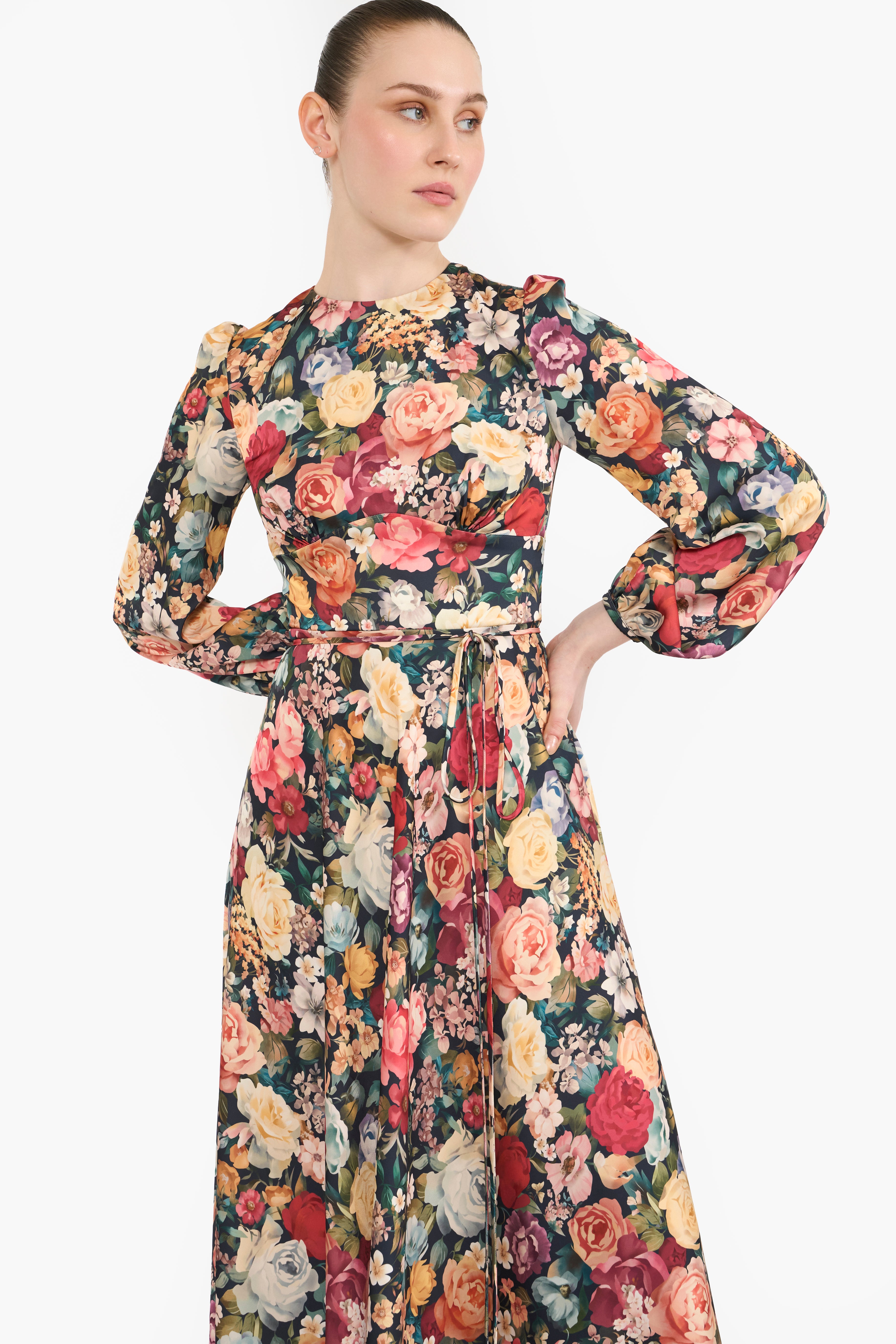 Flowing Satin Pouf Sleeves Midi