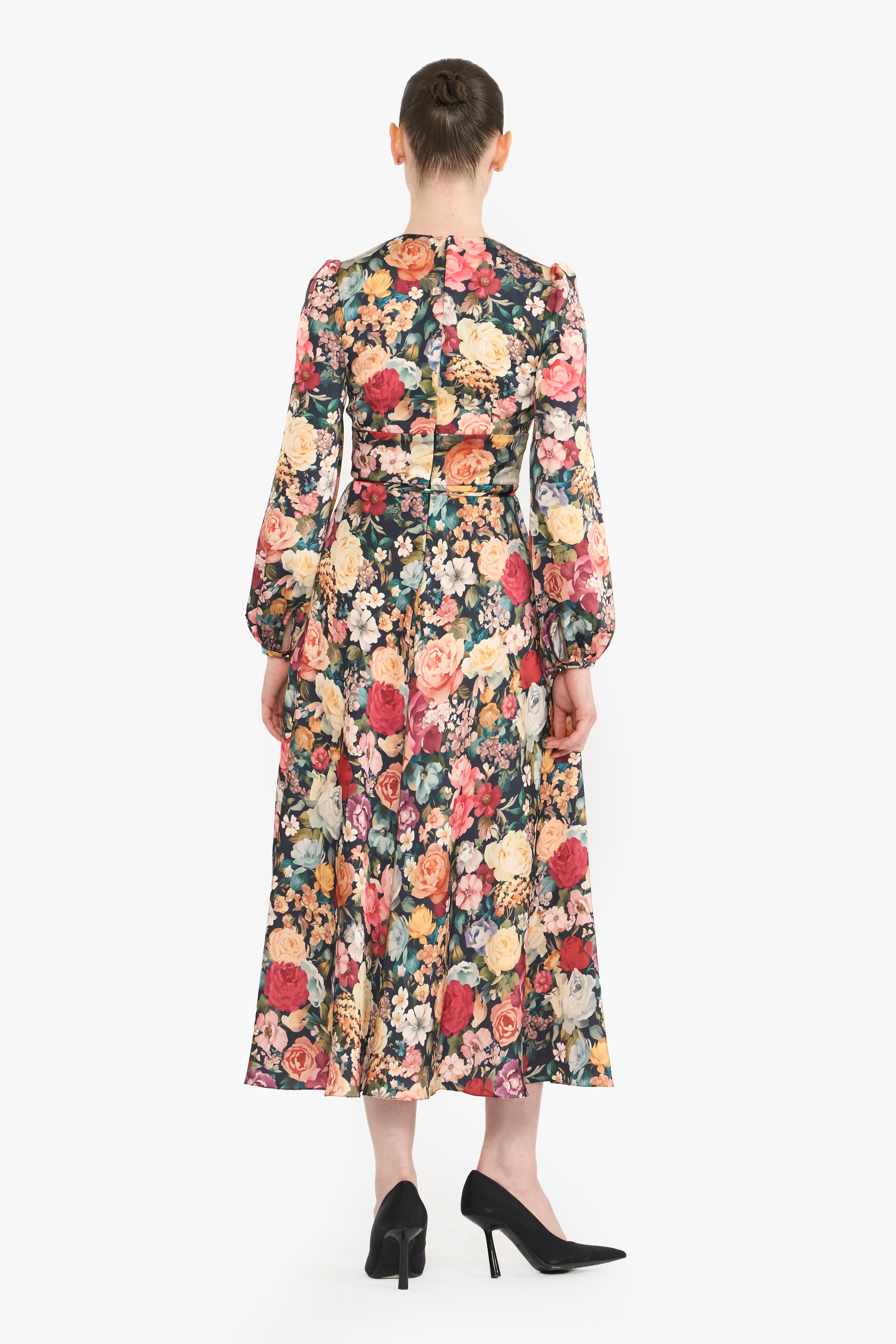 Flowing Satin Pouf Sleeves Midi