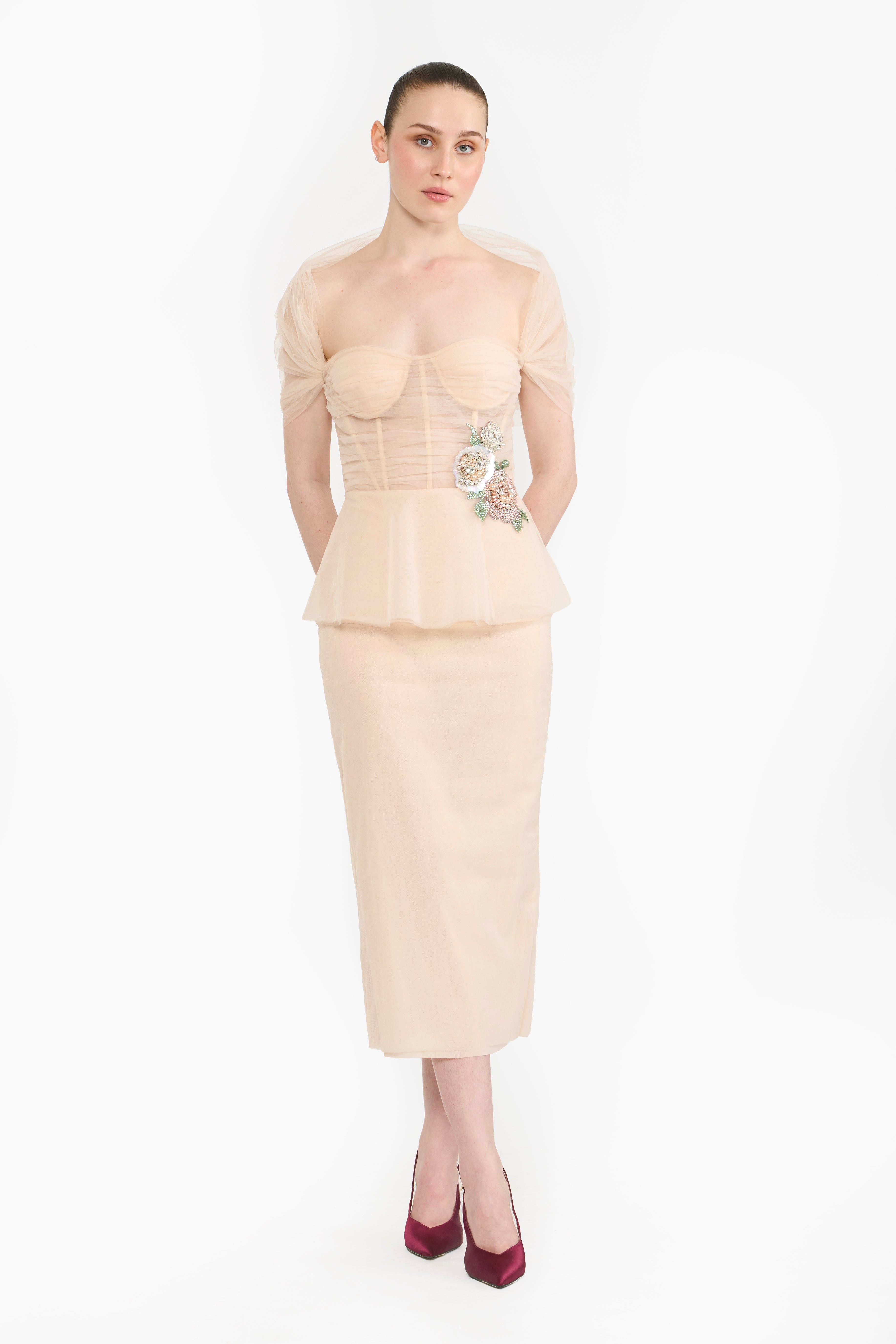 Tulle Pencil Dress With Shoulder Drape