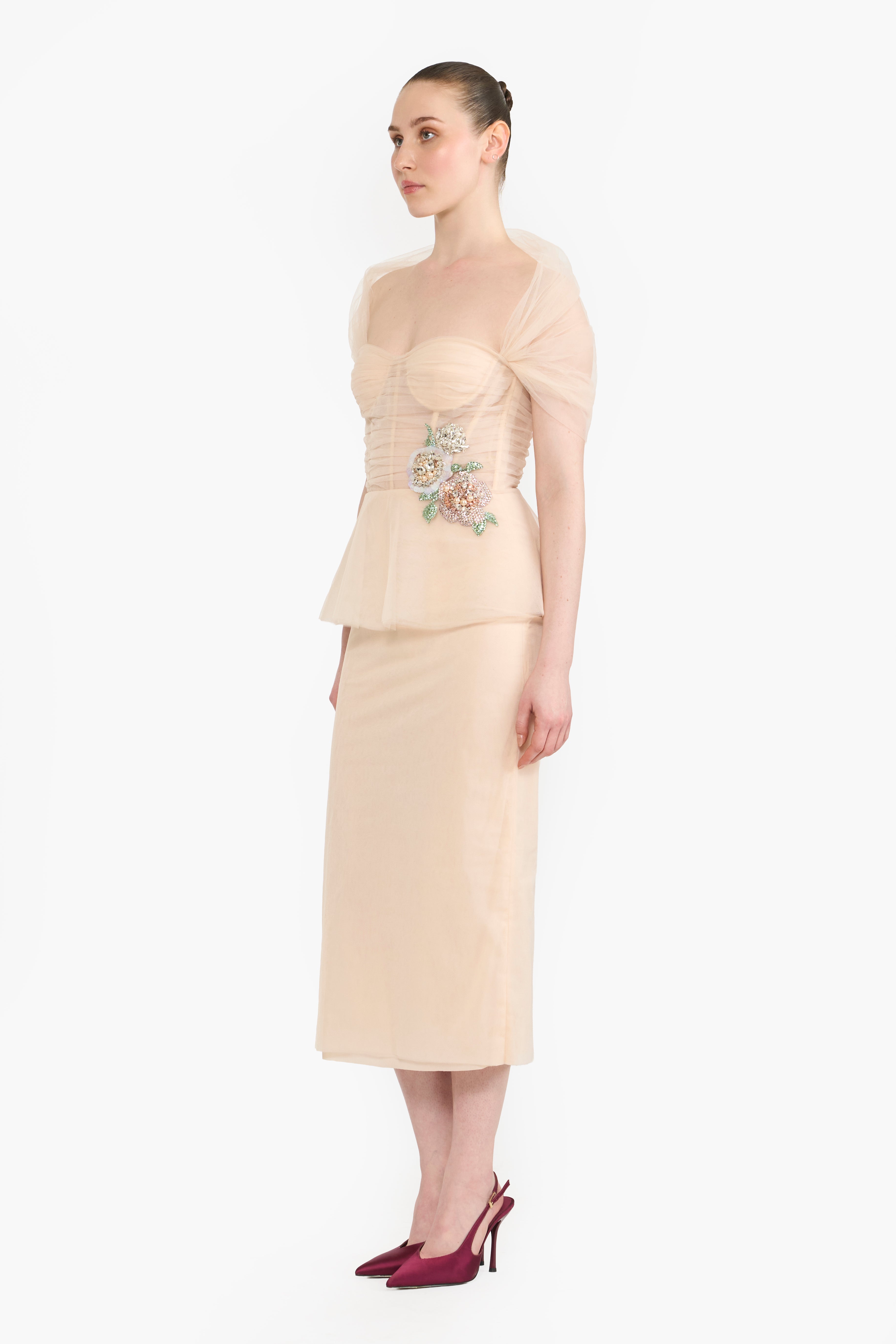 Tulle Pencil Dress With Shoulder Drape