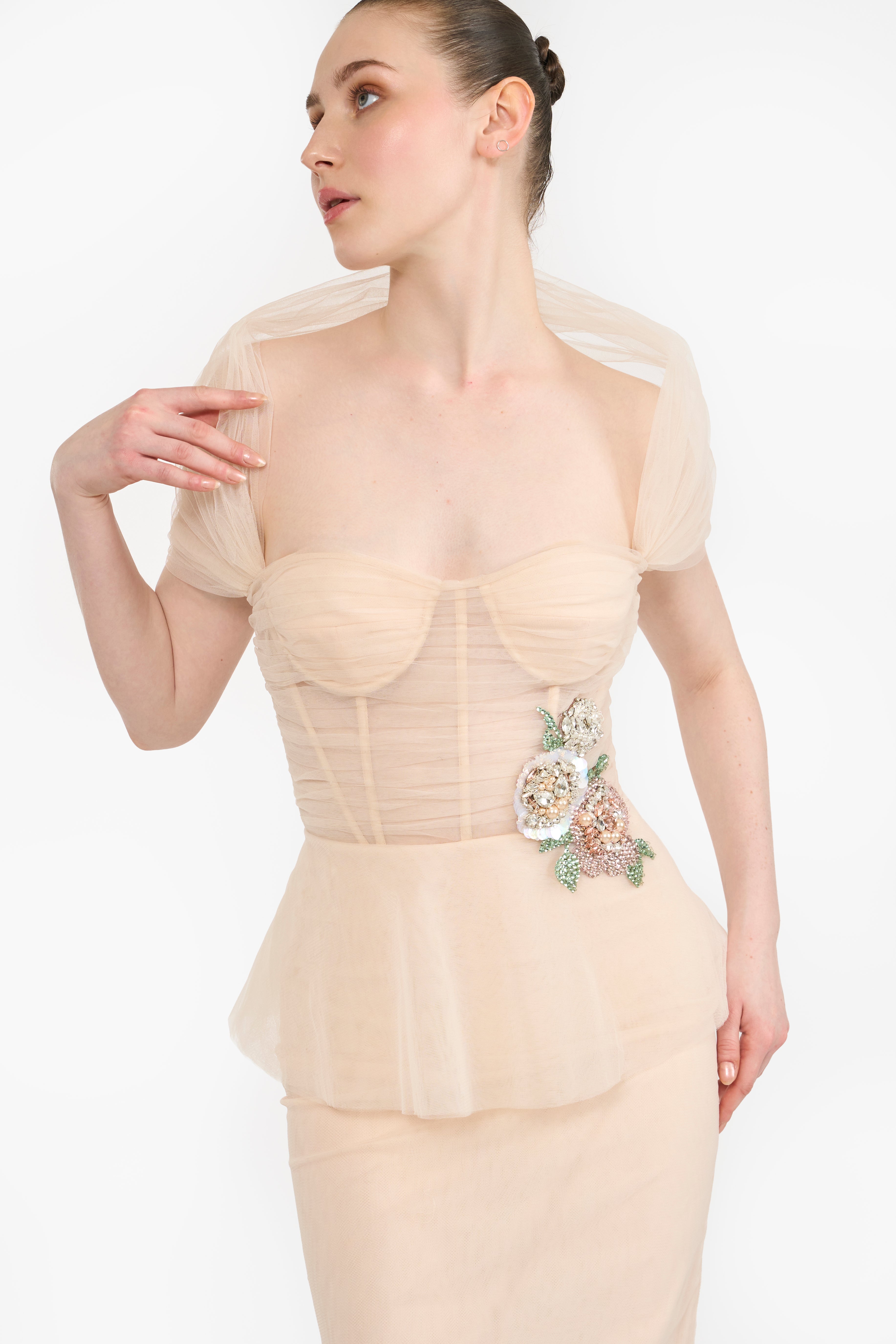 Tulle Pencil Dress With Shoulder Drape