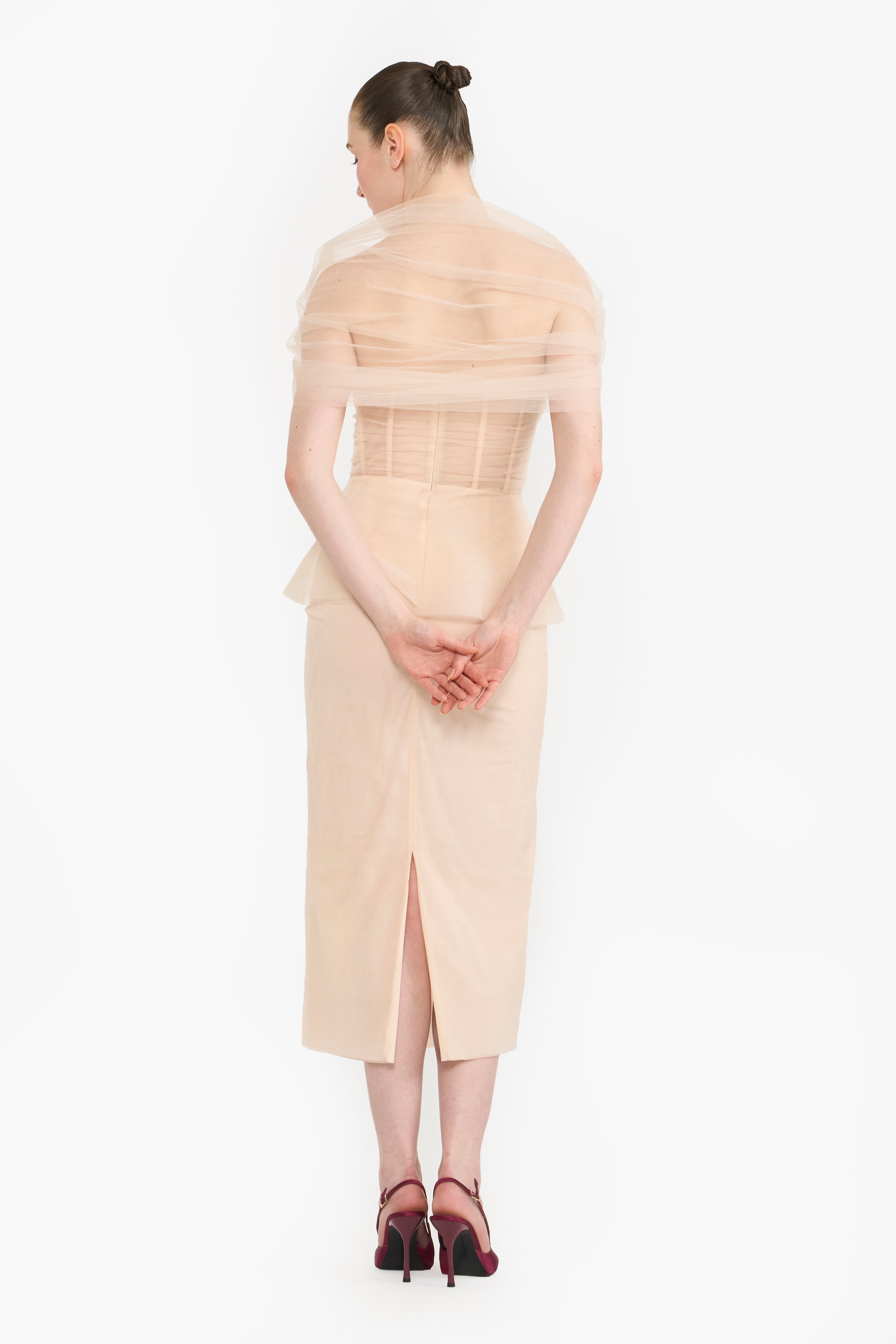 Tulle Pencil Dress With Shoulder Drape