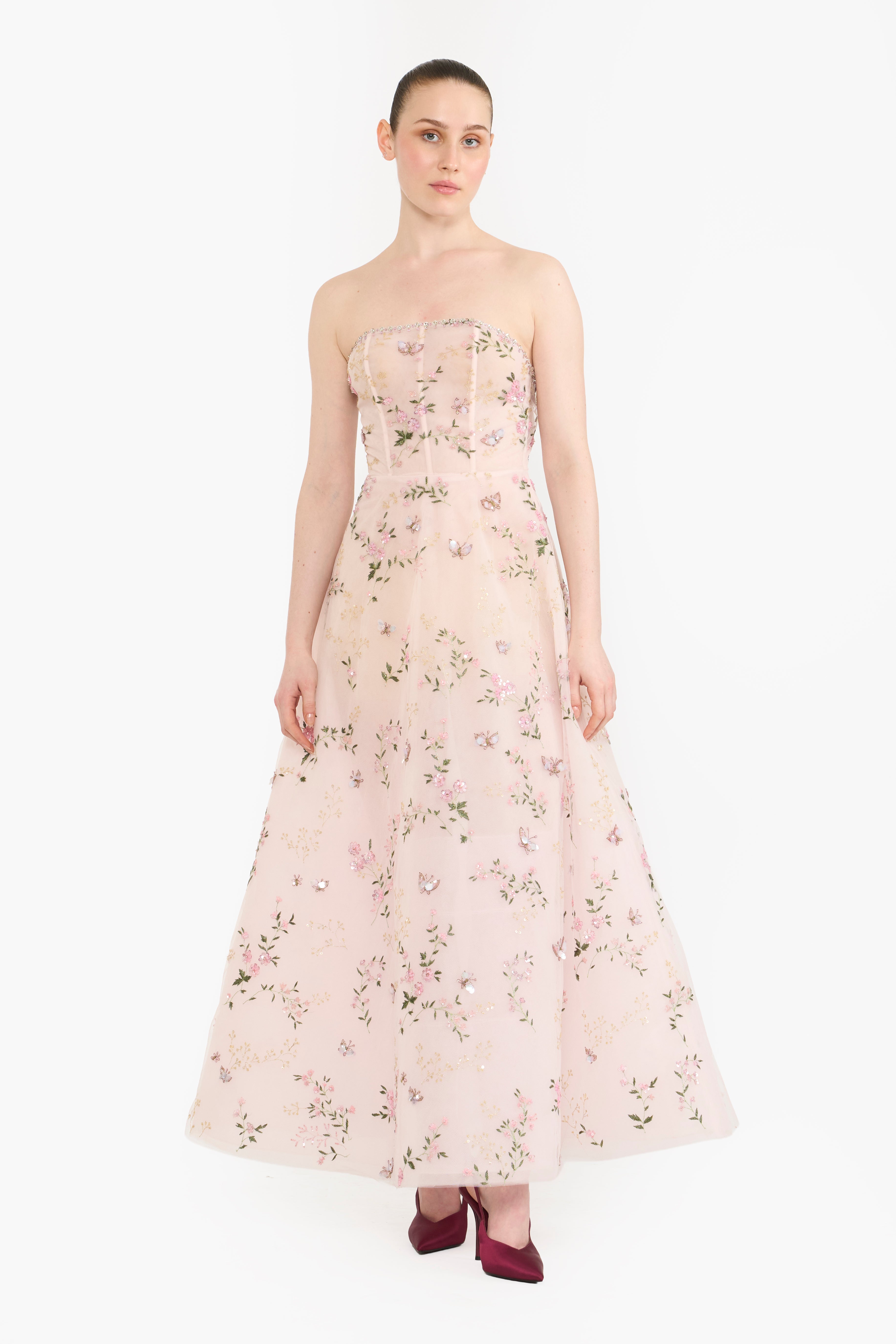 Embroidered Tulle Tea Length Maxi