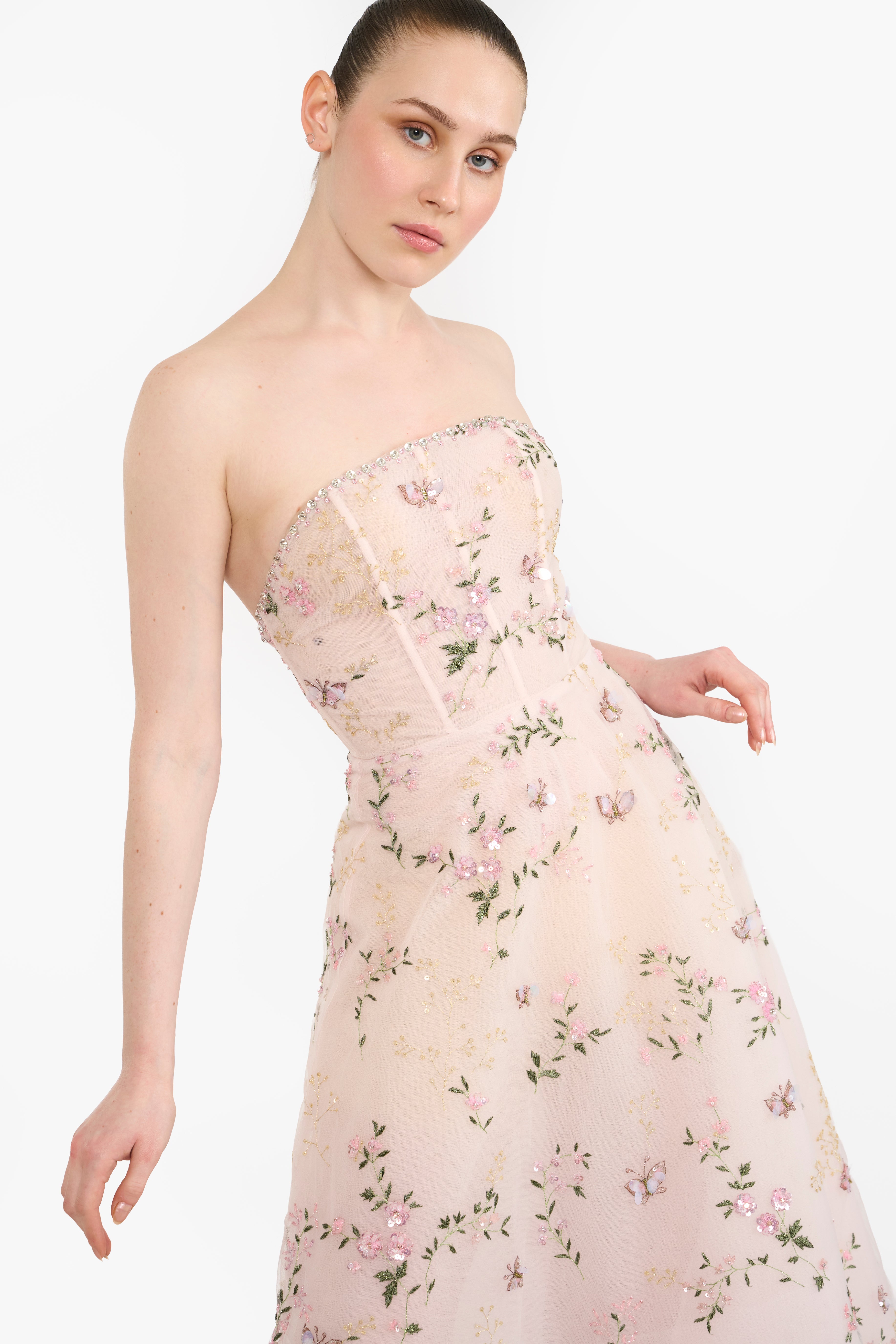 Embroidered Tulle Tea Length Maxi
