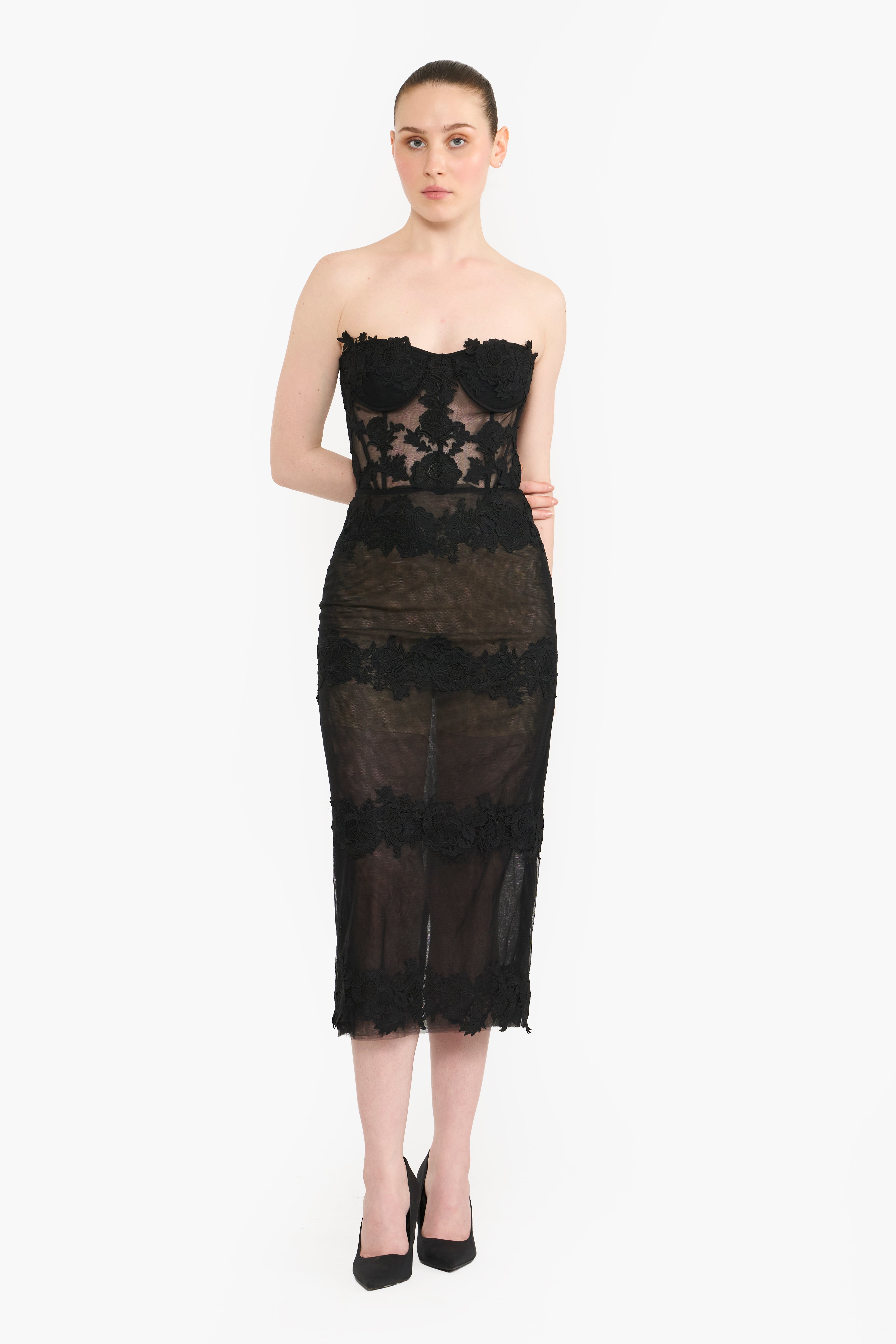 Strapless Corseted Guipure Lace Pencil Dress