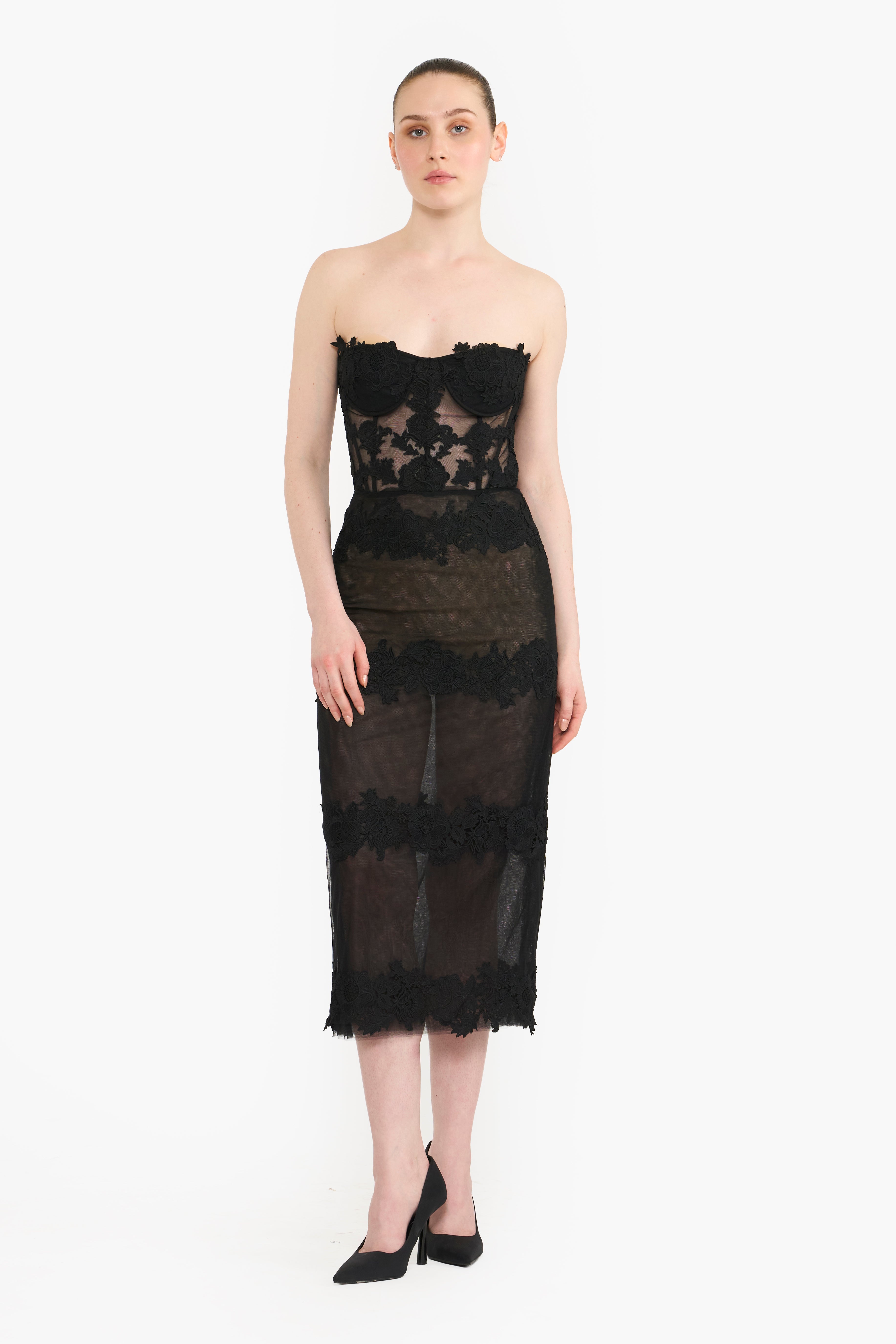 Strapless Corseted Guipure Lace Pencil Dress