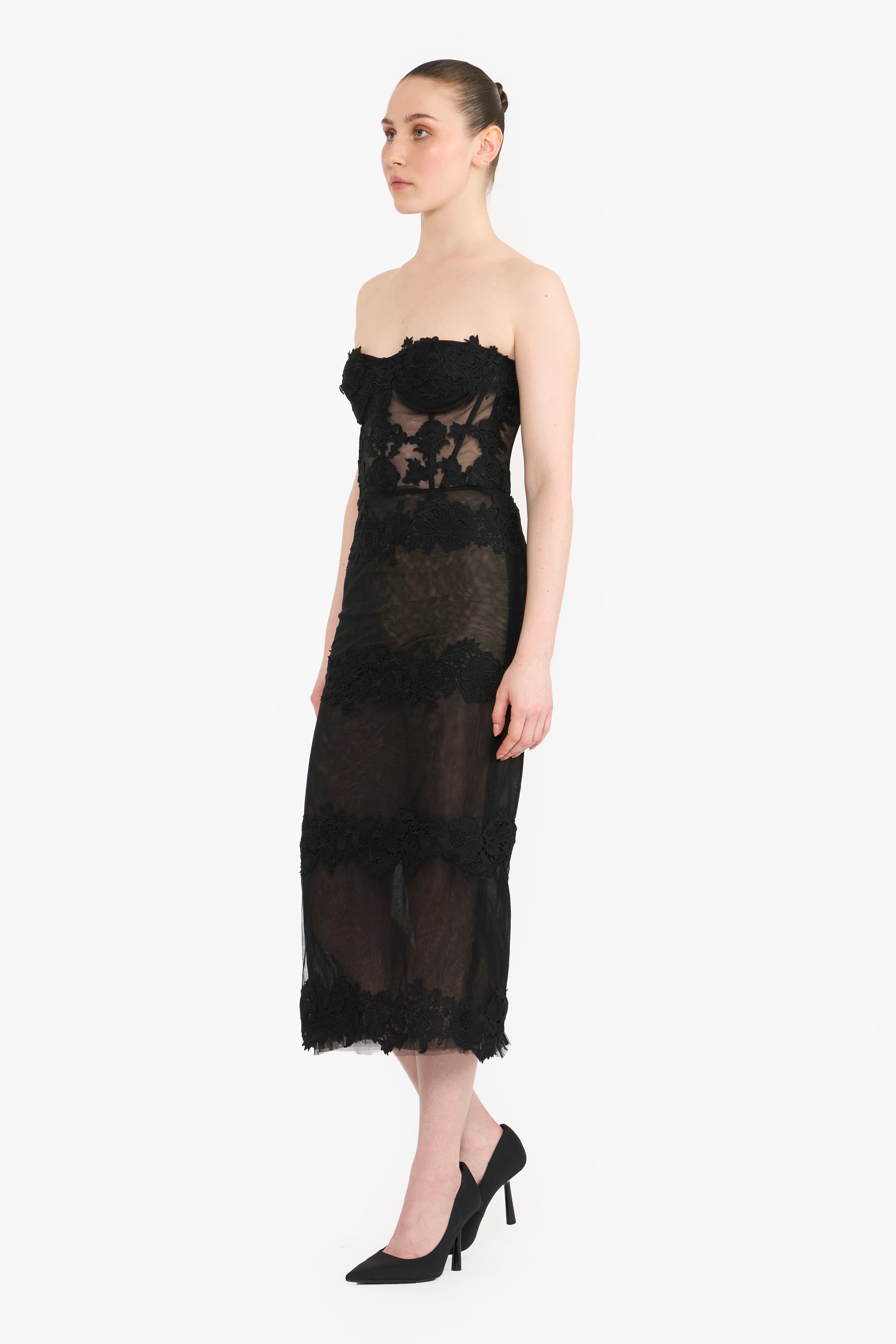 Strapless Corseted Guipure Lace Pencil Dress